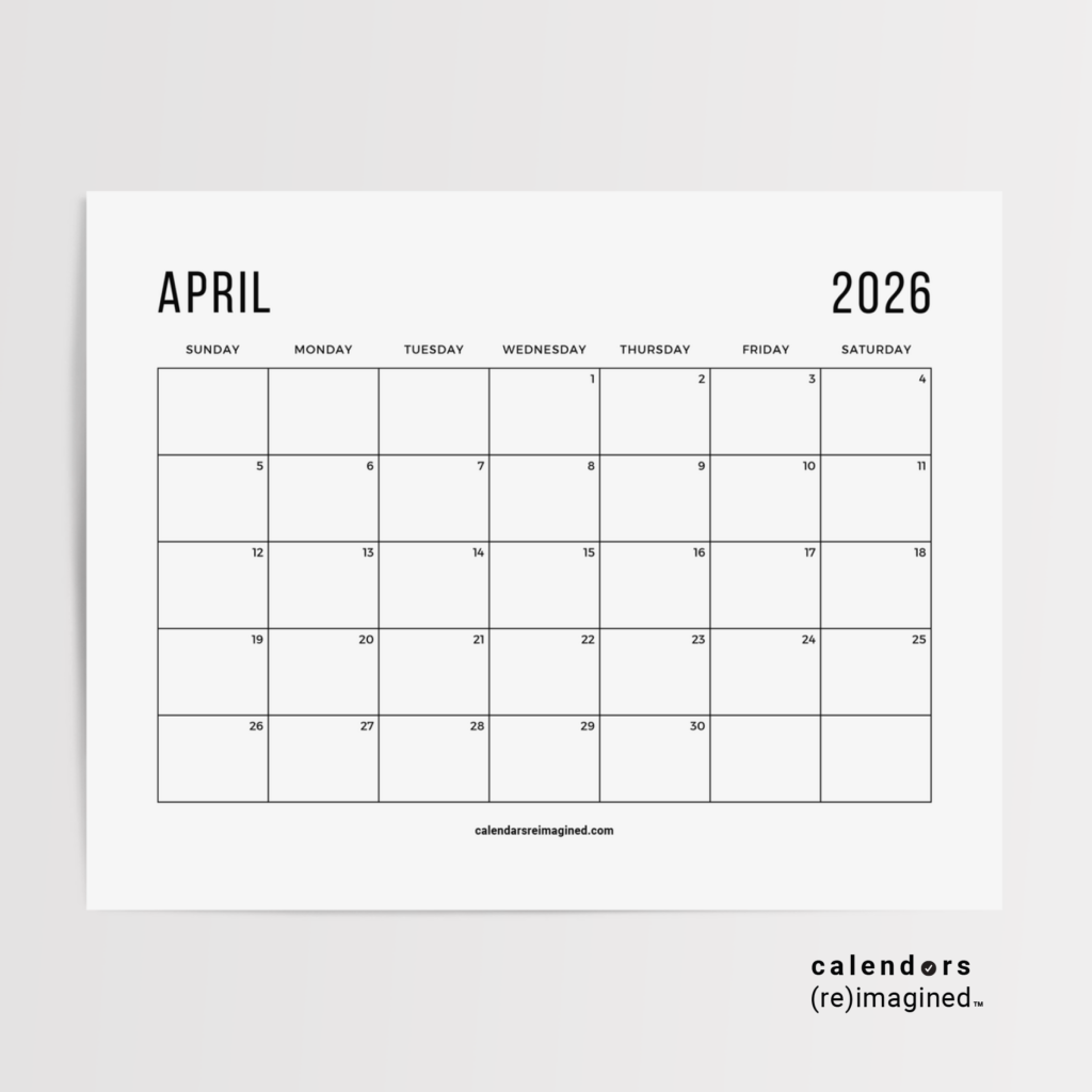 April 2026 Calendar Mockup Image for Home Page on CalendarsReimagined.com