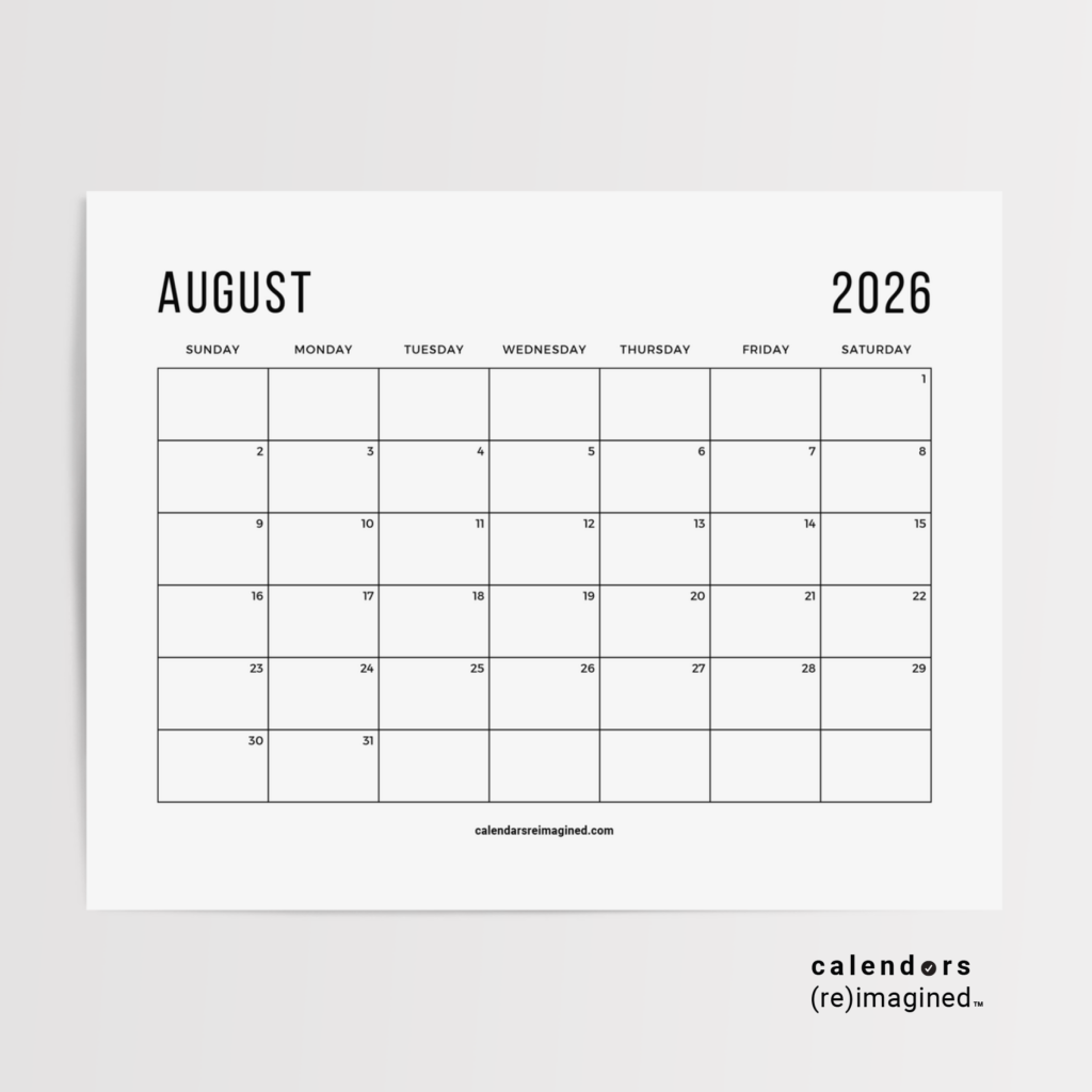 August 2026 Calendar Mockup Image for Home Page on CalendarsReimagined.com