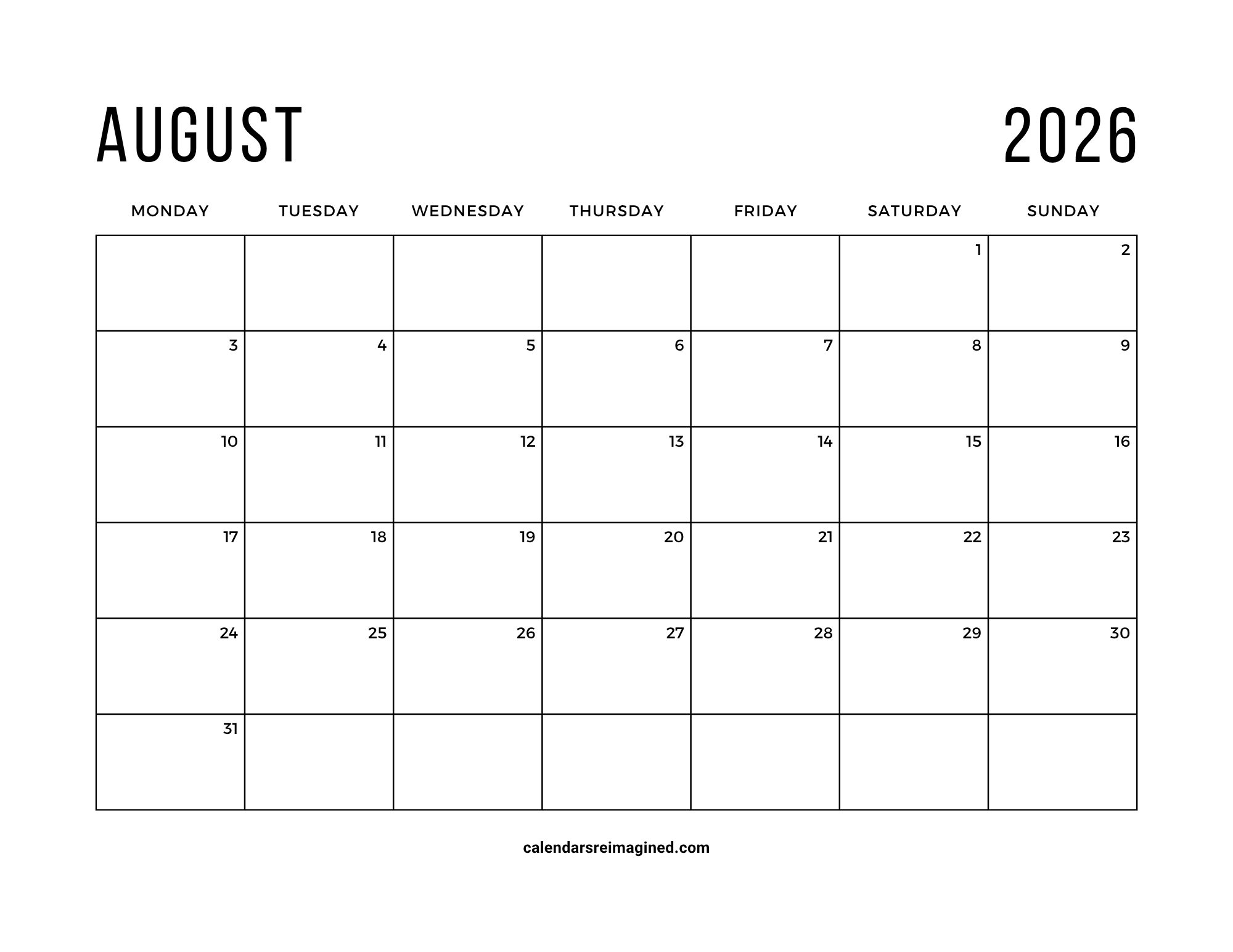 August 2026 calendar Monday start