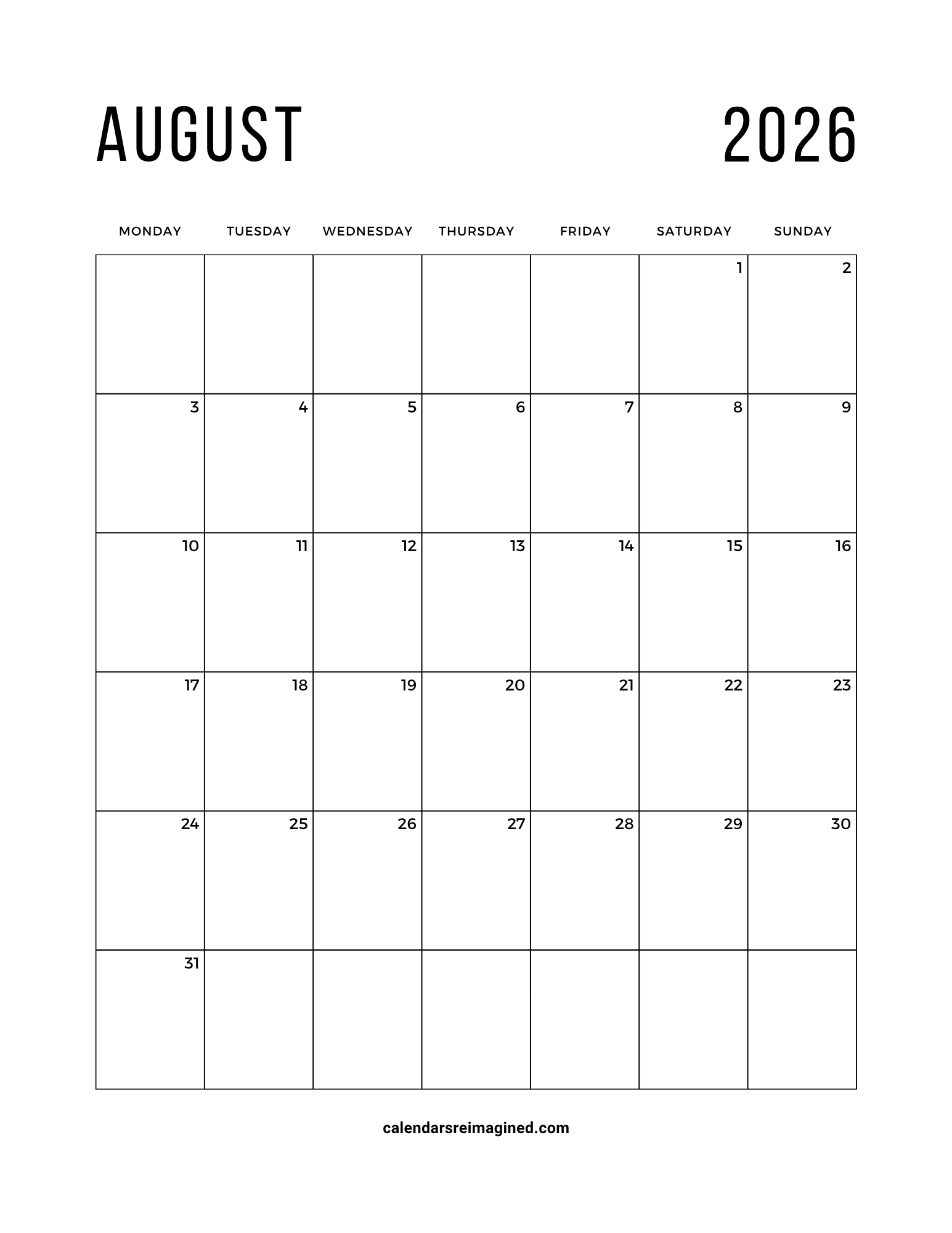 August 2026 calendar Monday start
