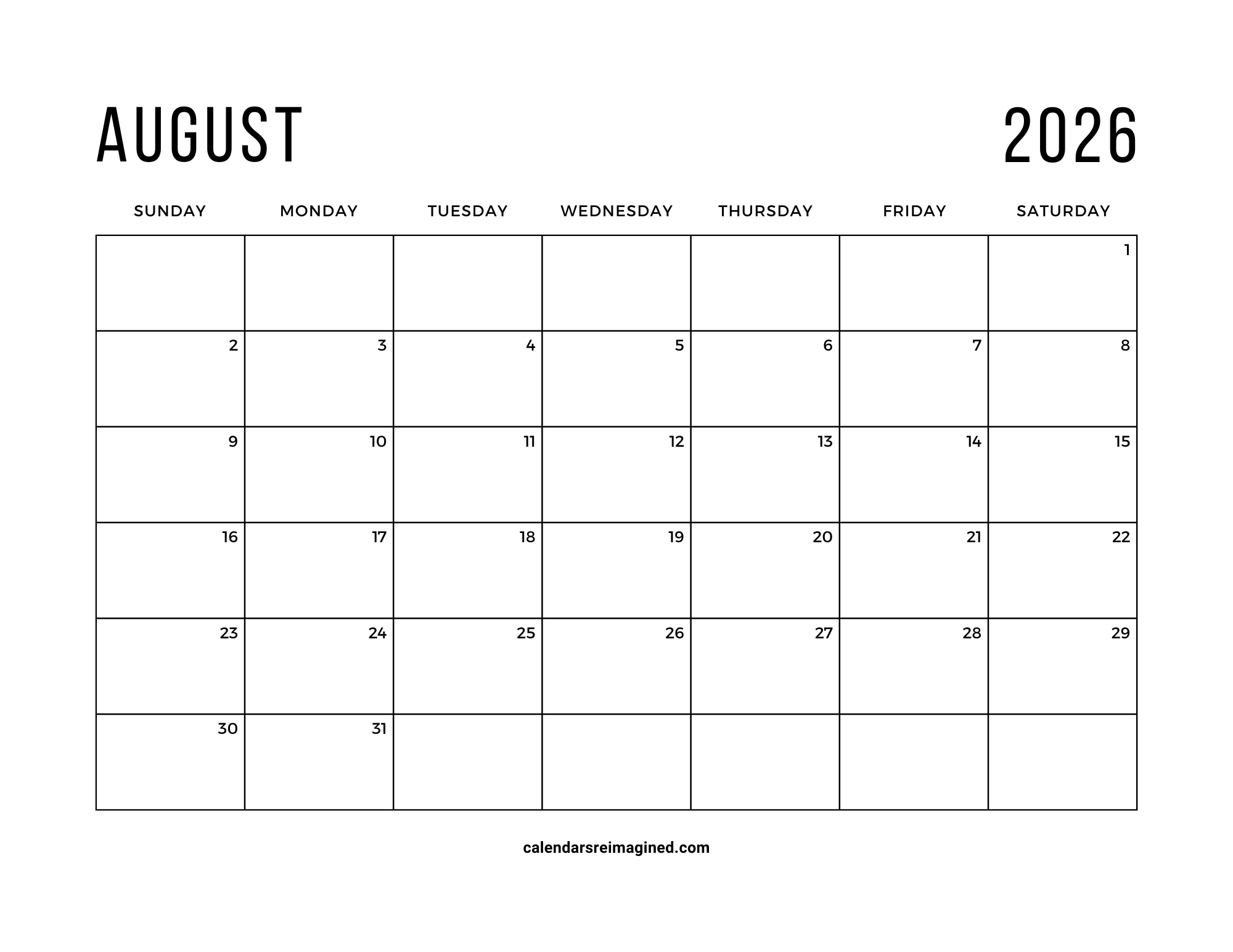 August 2026 calendar Sunday start