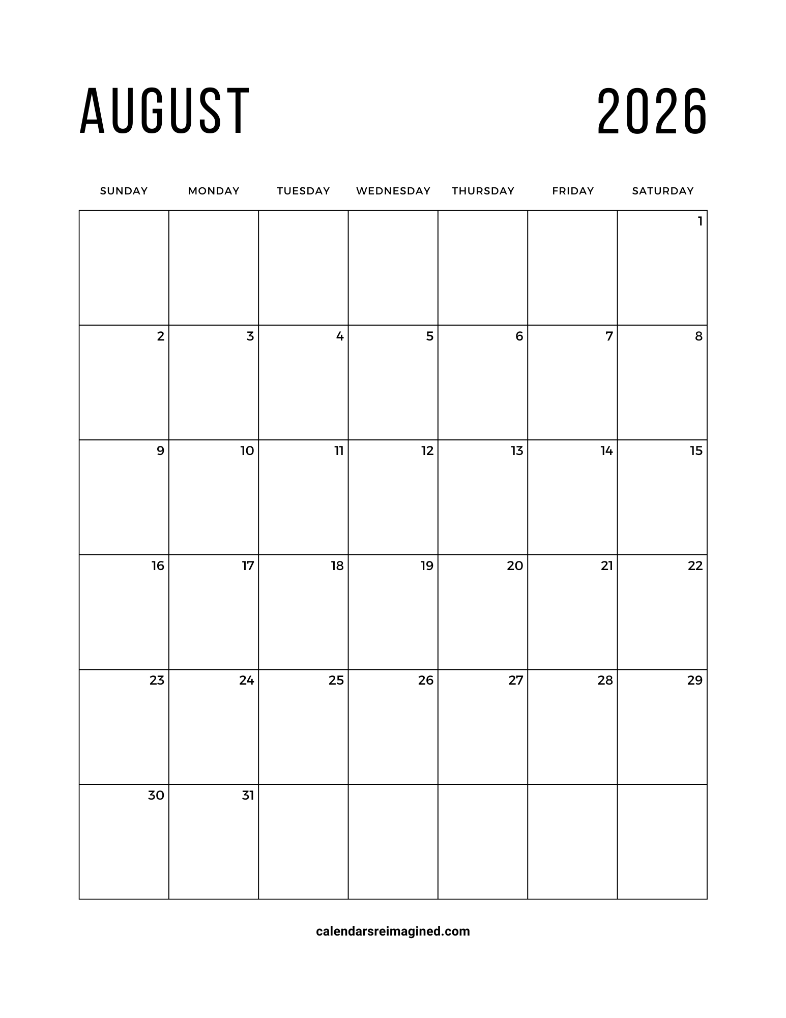August 2026 calendar Sunday start
