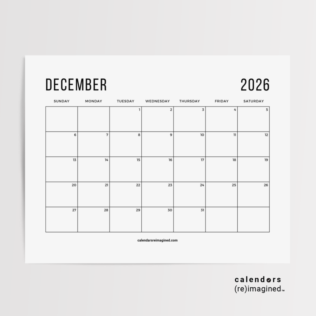 December 2026 Calendar Mockup Image for Home Page on CalendarsReimagined.com