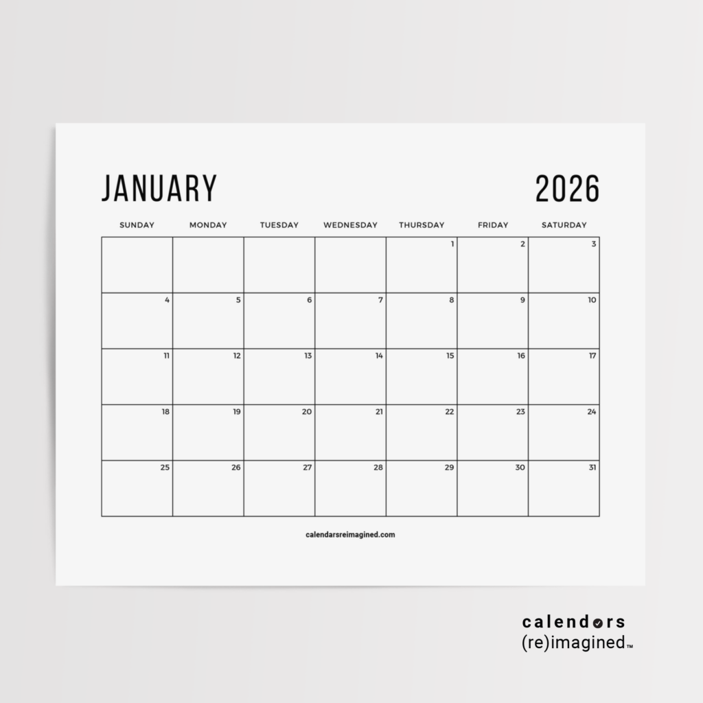 January 2026 Calendar Mockup Image for Home Page on CalendarsReimagined.com