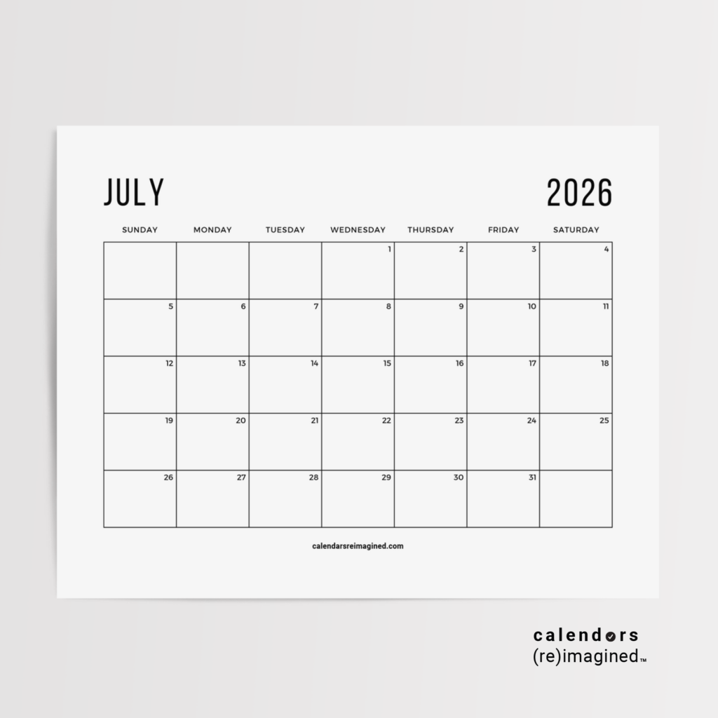 July 2026 Calendar Mockup Image for Home Page on CalendarsReimagined.com