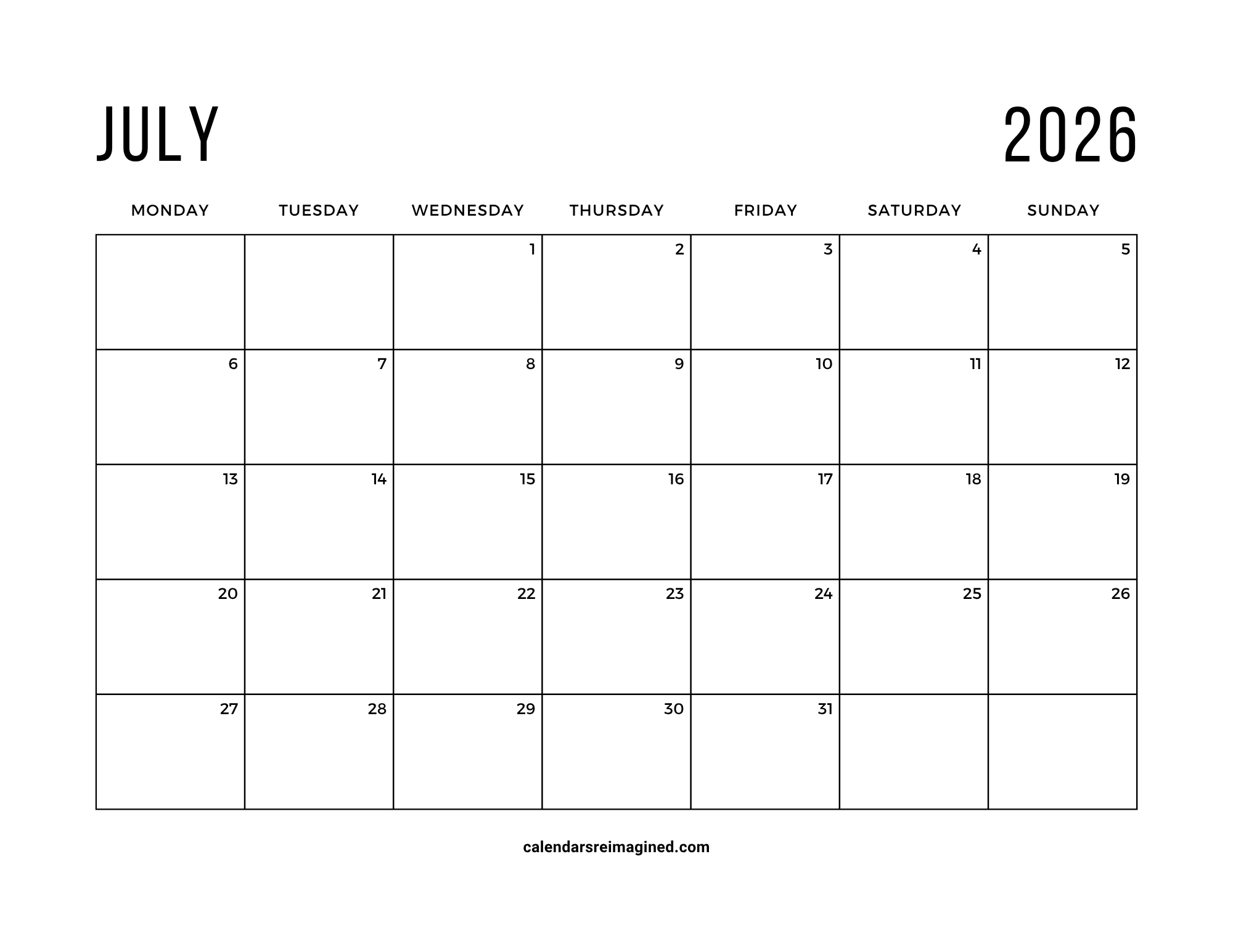 July 2026 calendar Monday start