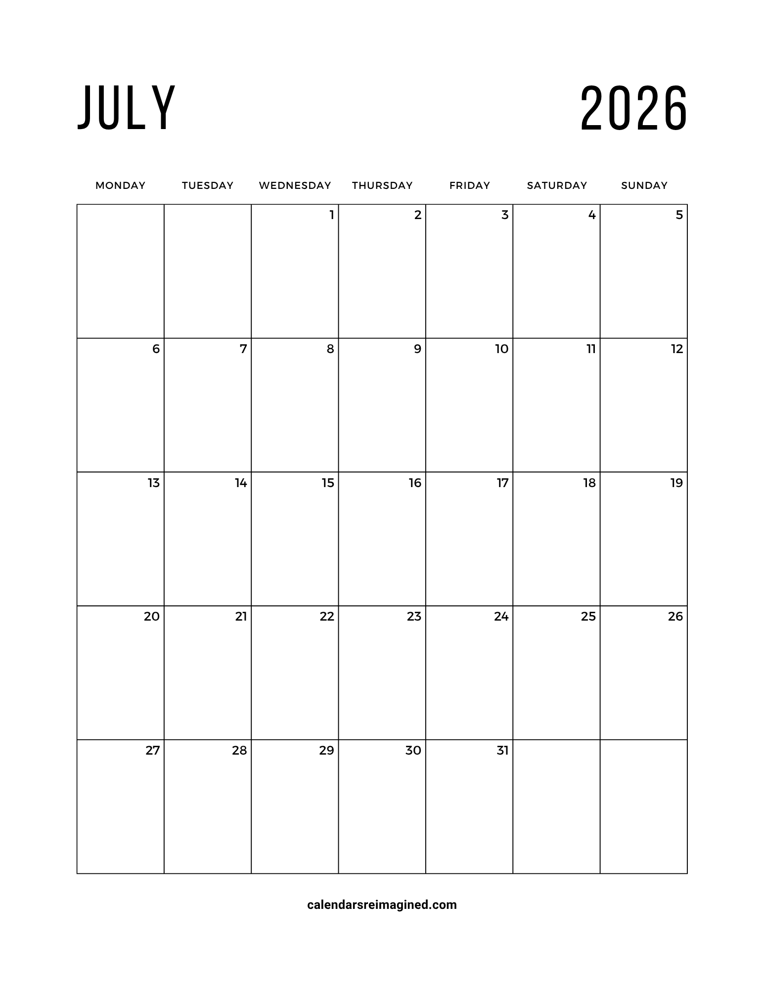 July 2026 calendar Monday start
