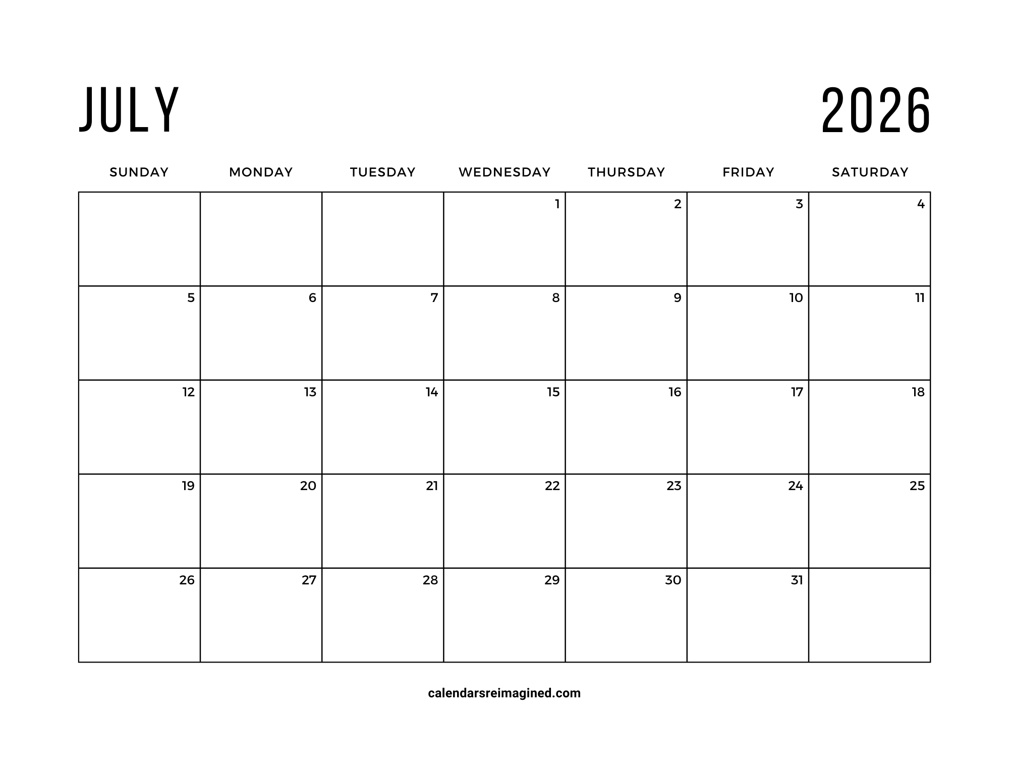 July 2026 calendar Sunday start