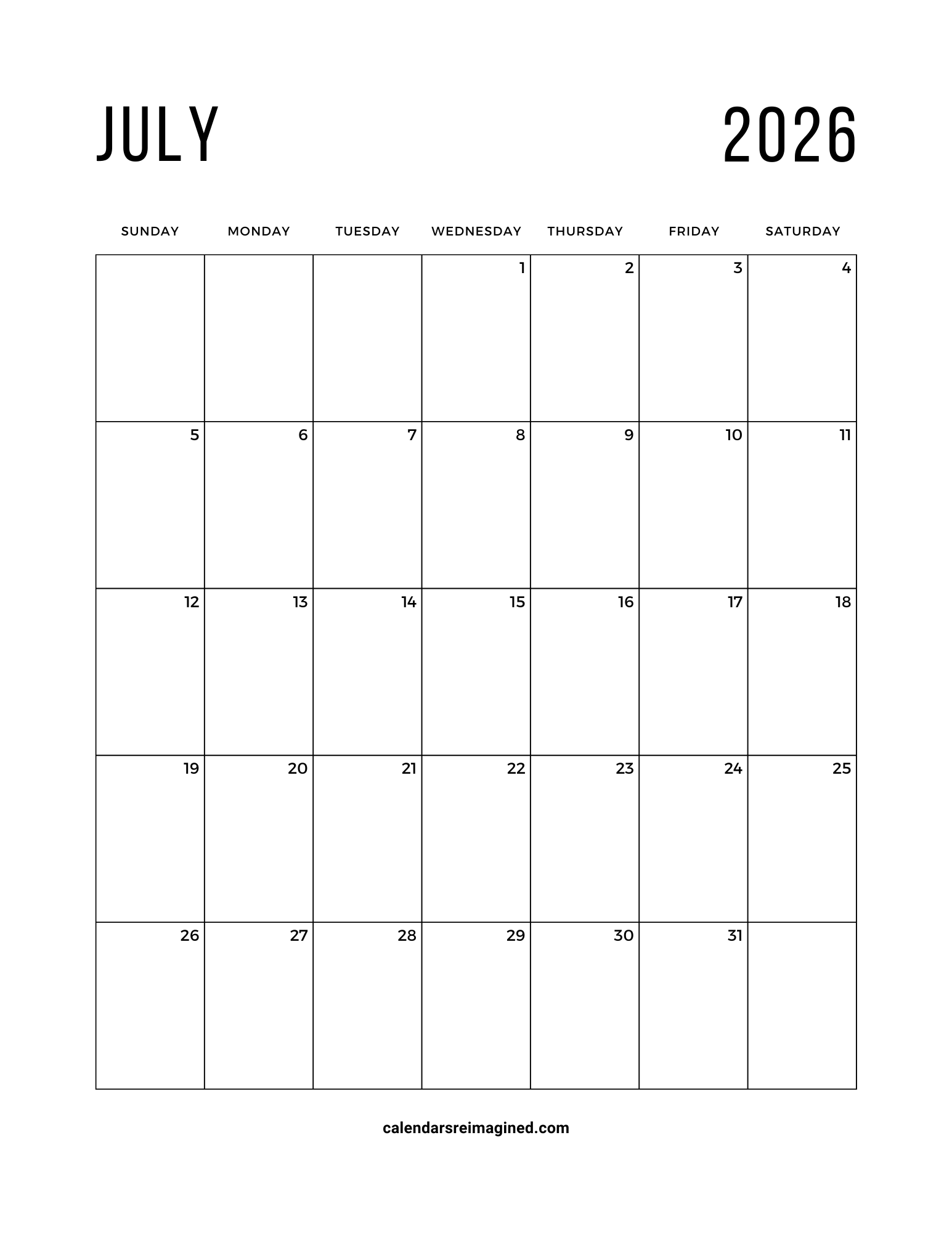 July 2026 calendar Sunday start