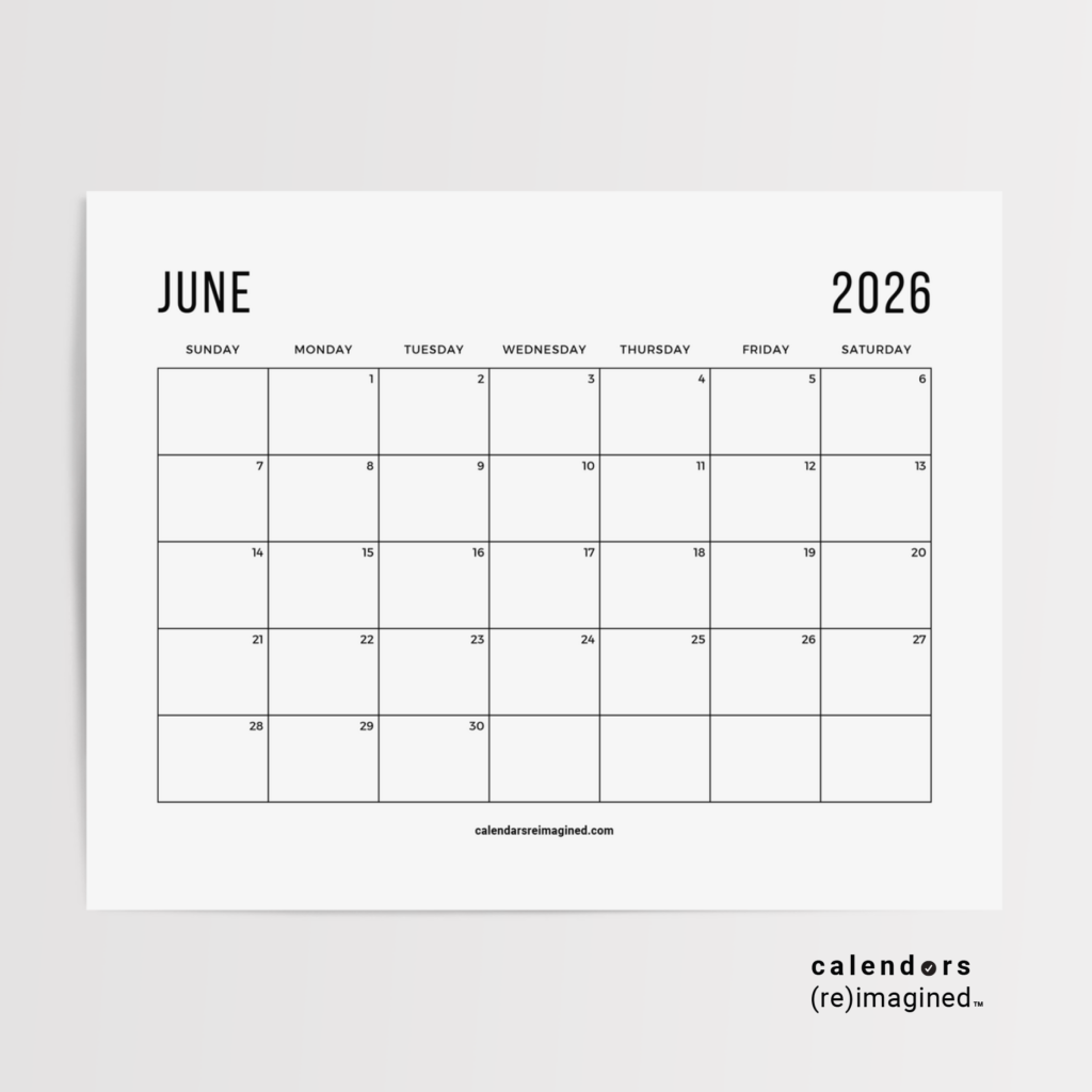 June 2026 Calendar Mockup Image for Home Page on CalendarsReimagined.com