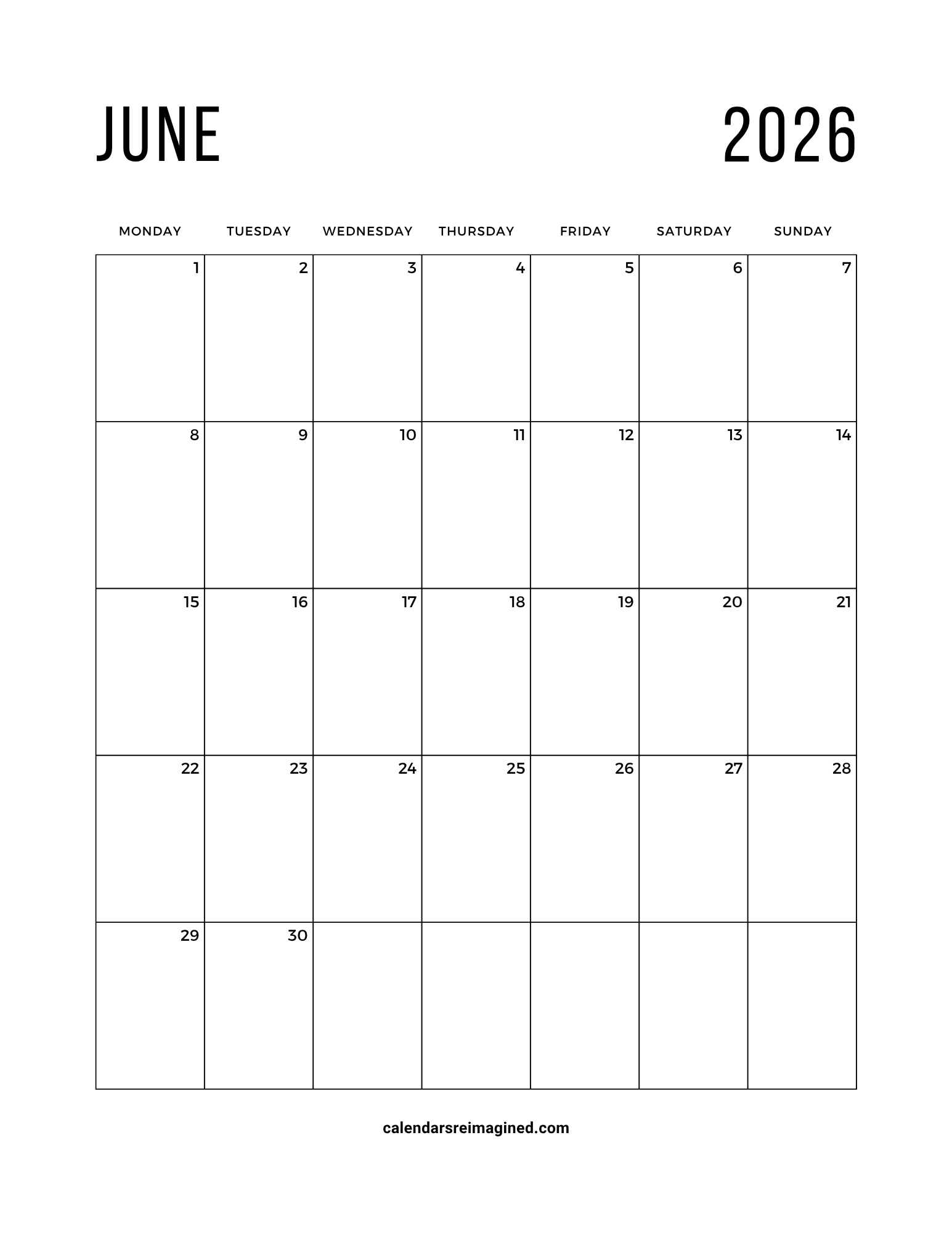 June 2026 calendar Monday start