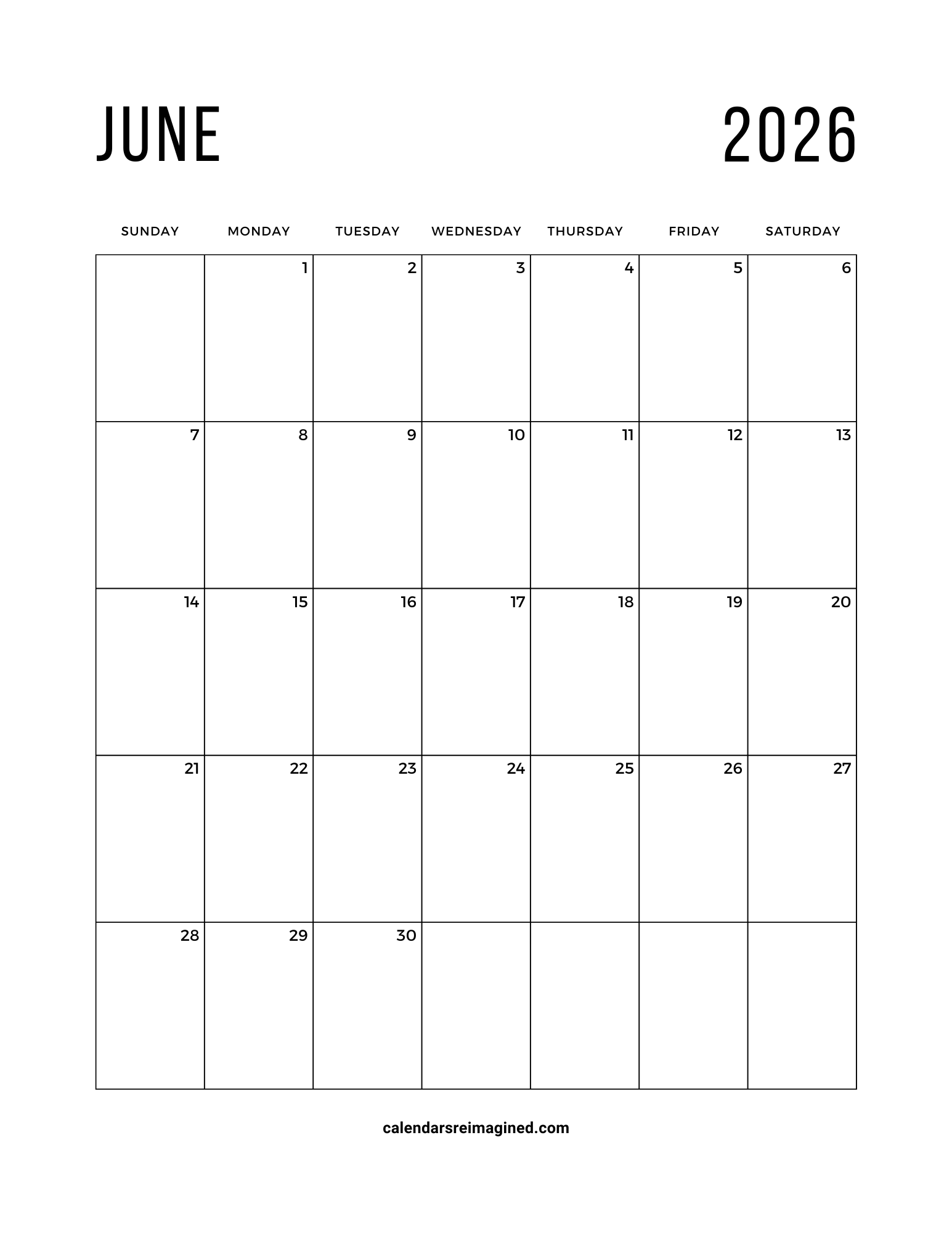 June 2026 calendar Sunday start