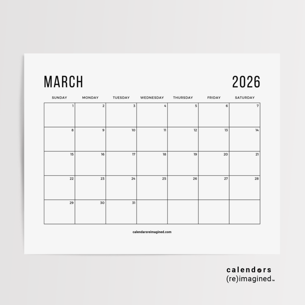 March 2026 Calendar Mockup Image for Home Page on CalendarsReimagined.com