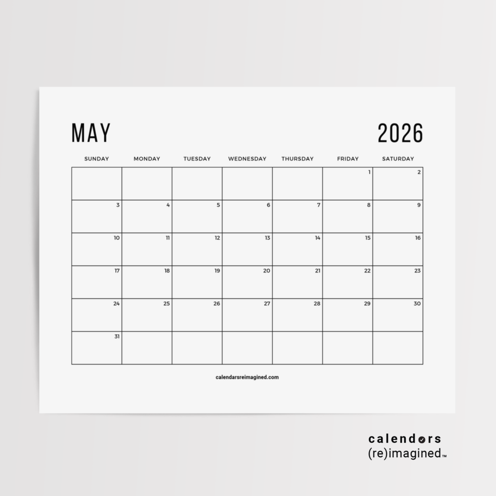 May 2026 Calendar Mockup Image for Home Page on CalendarsReimagined.com