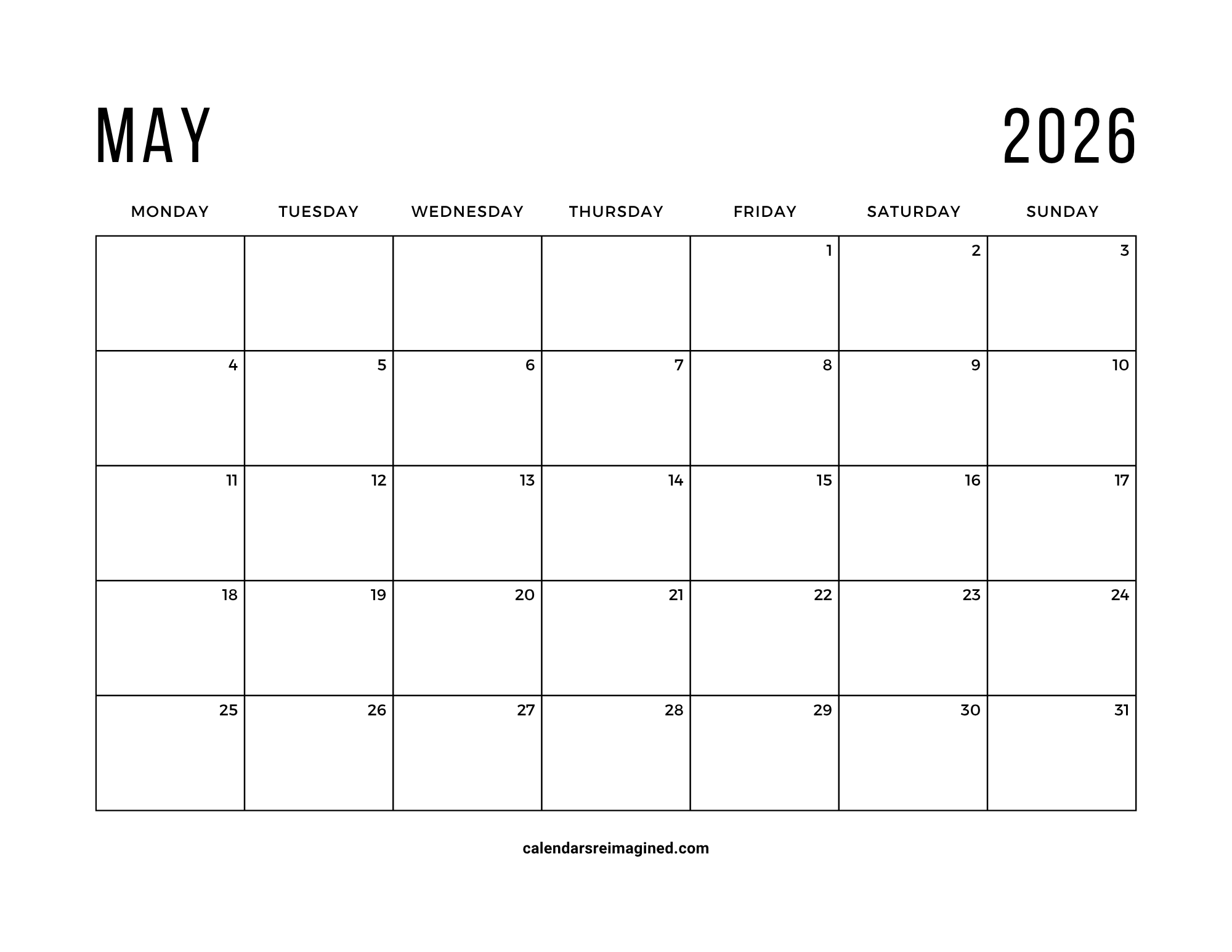 May 2026 calendar Monday start
