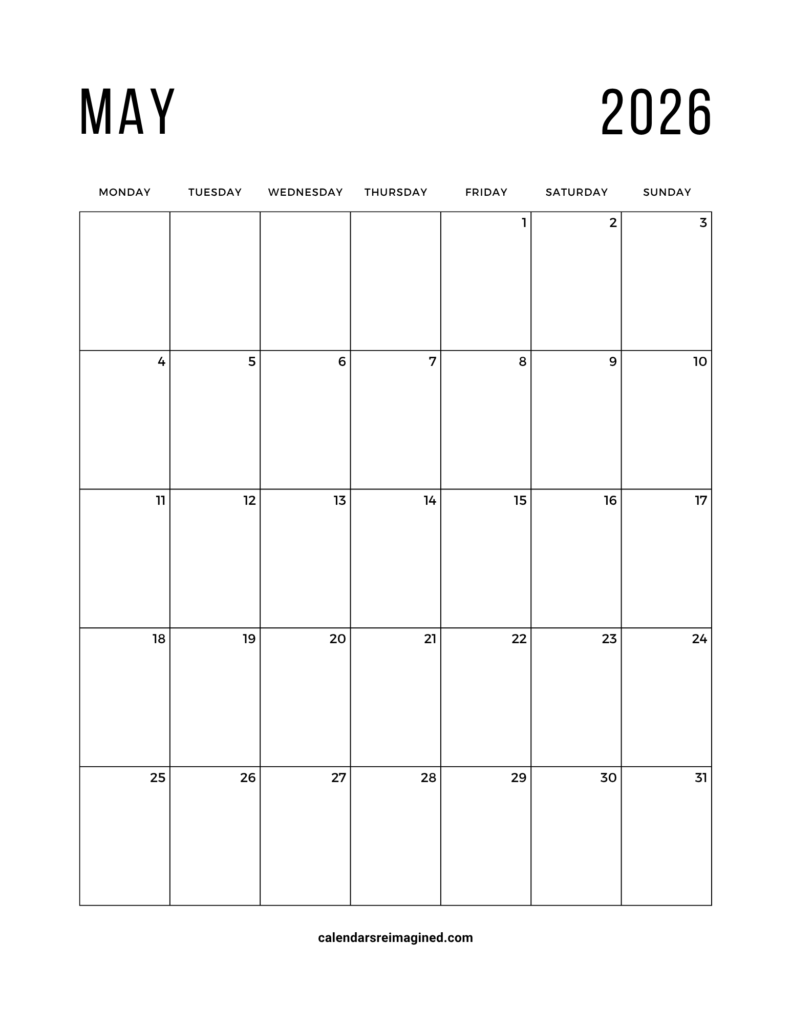 May 2026 calendar Monday start