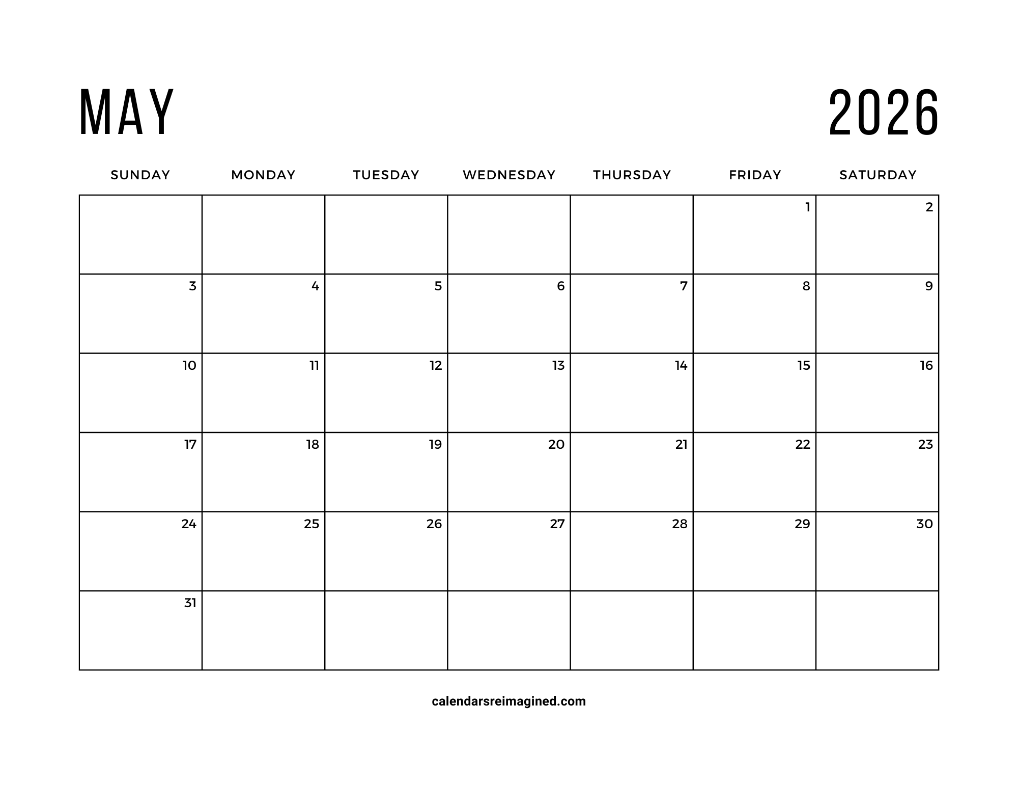 May 2026 calendar Sunday start