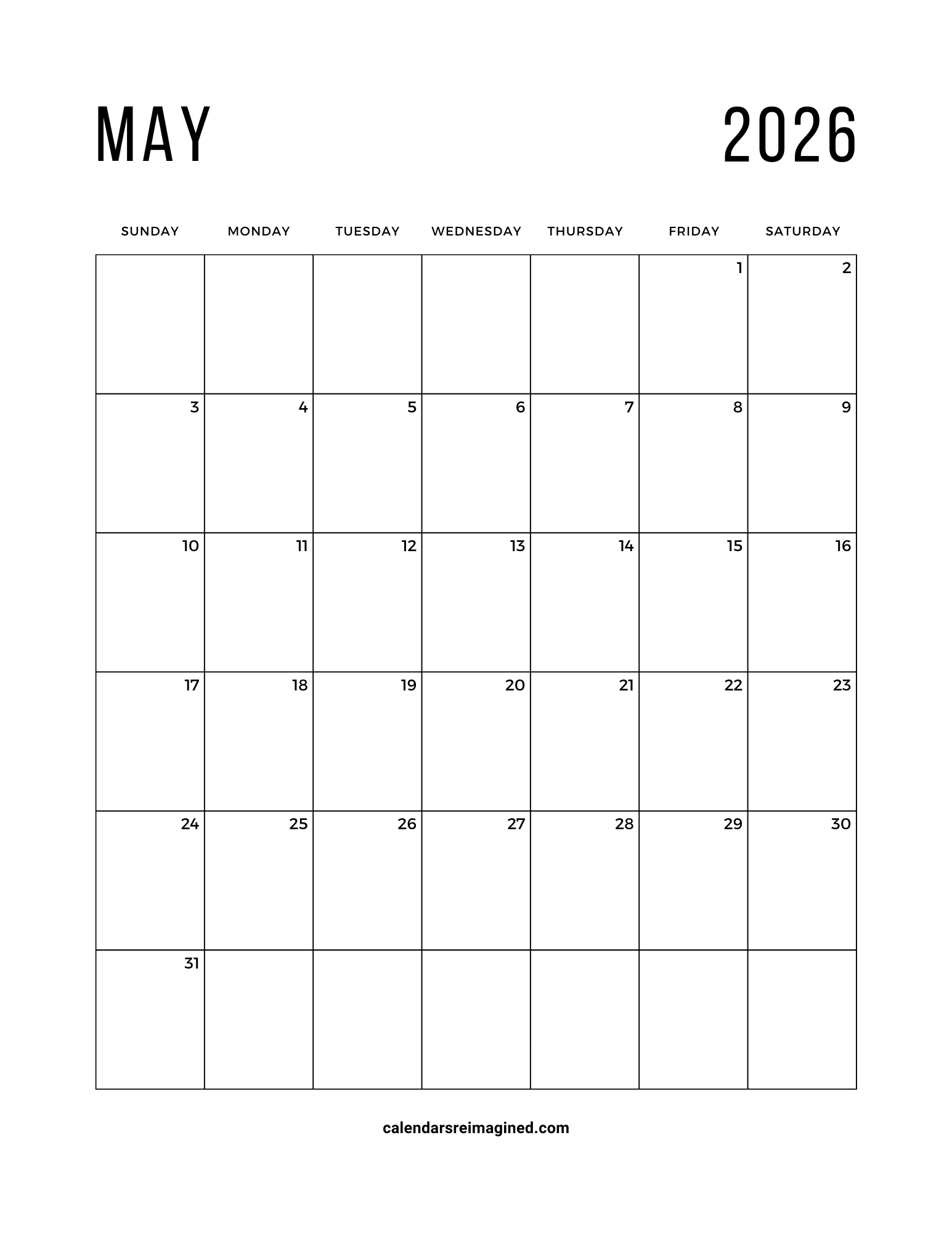 May 2026 calendar Sunday start
