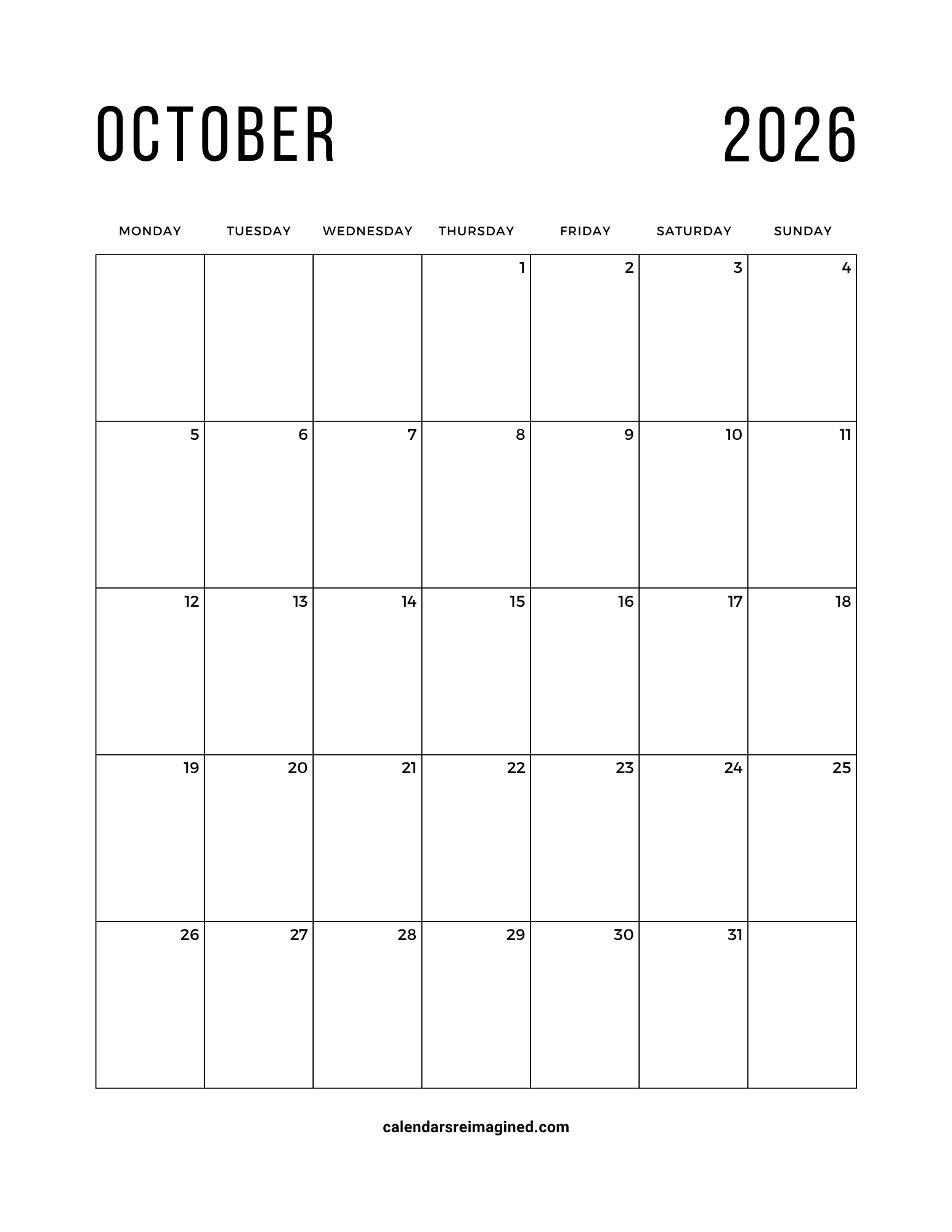October 2026 calendar Monday start
