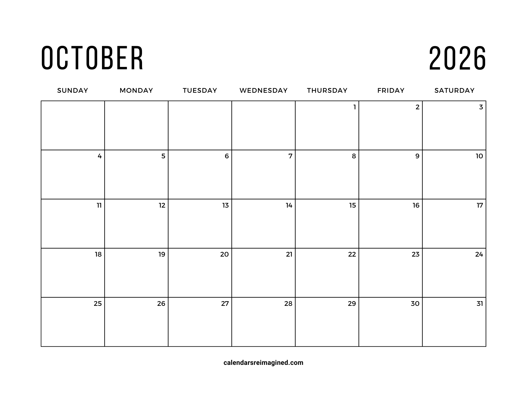 October 2026 calendar Sunday start