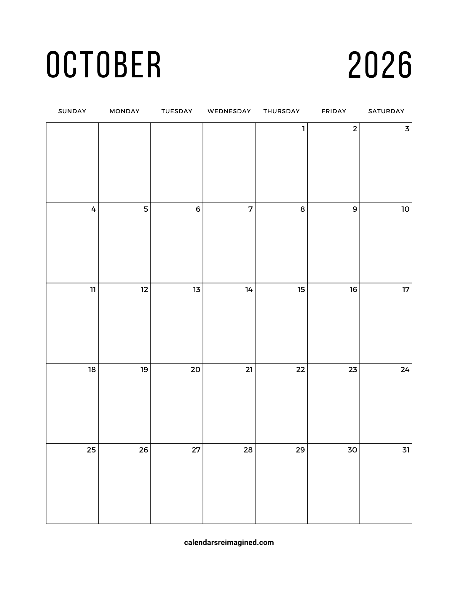 October 2026 calendar Sunday start