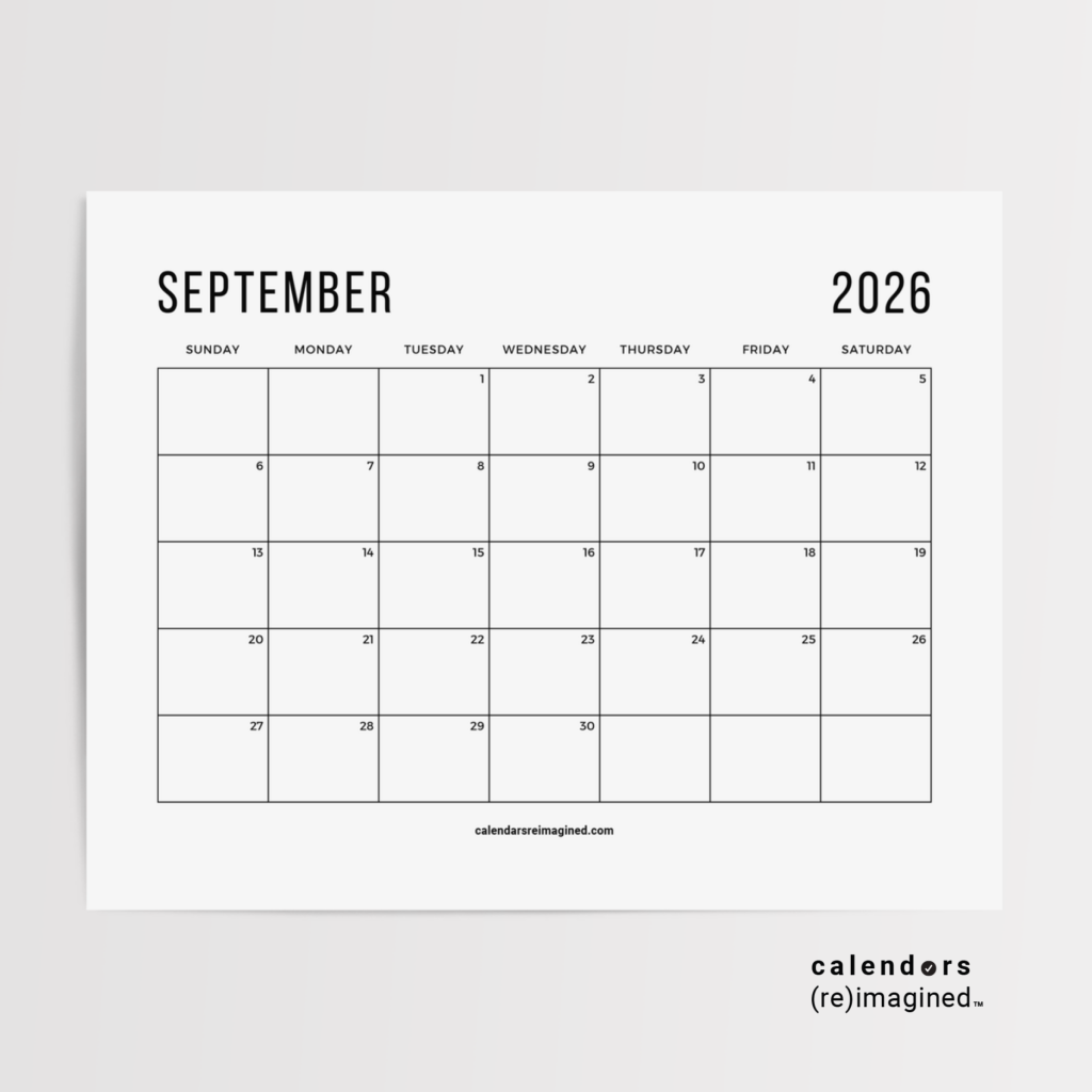 September 2026 Calendar Mockup Image for Home Page on CalendarsReimagined.com