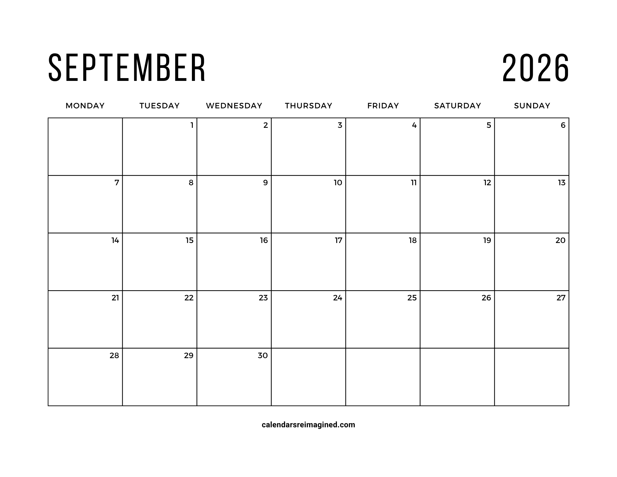 September 2026 calendar Monday start