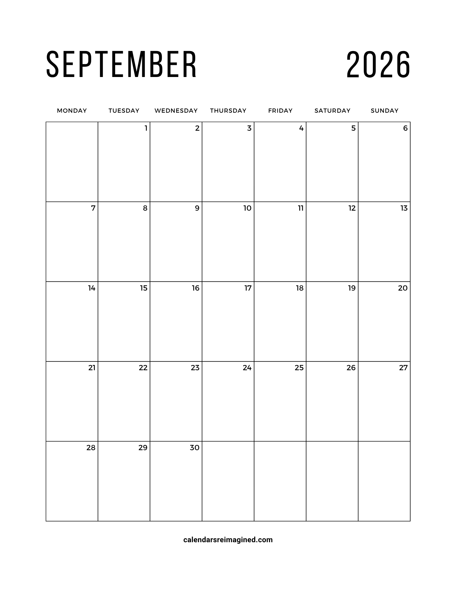 September 2026 calendar Monday start