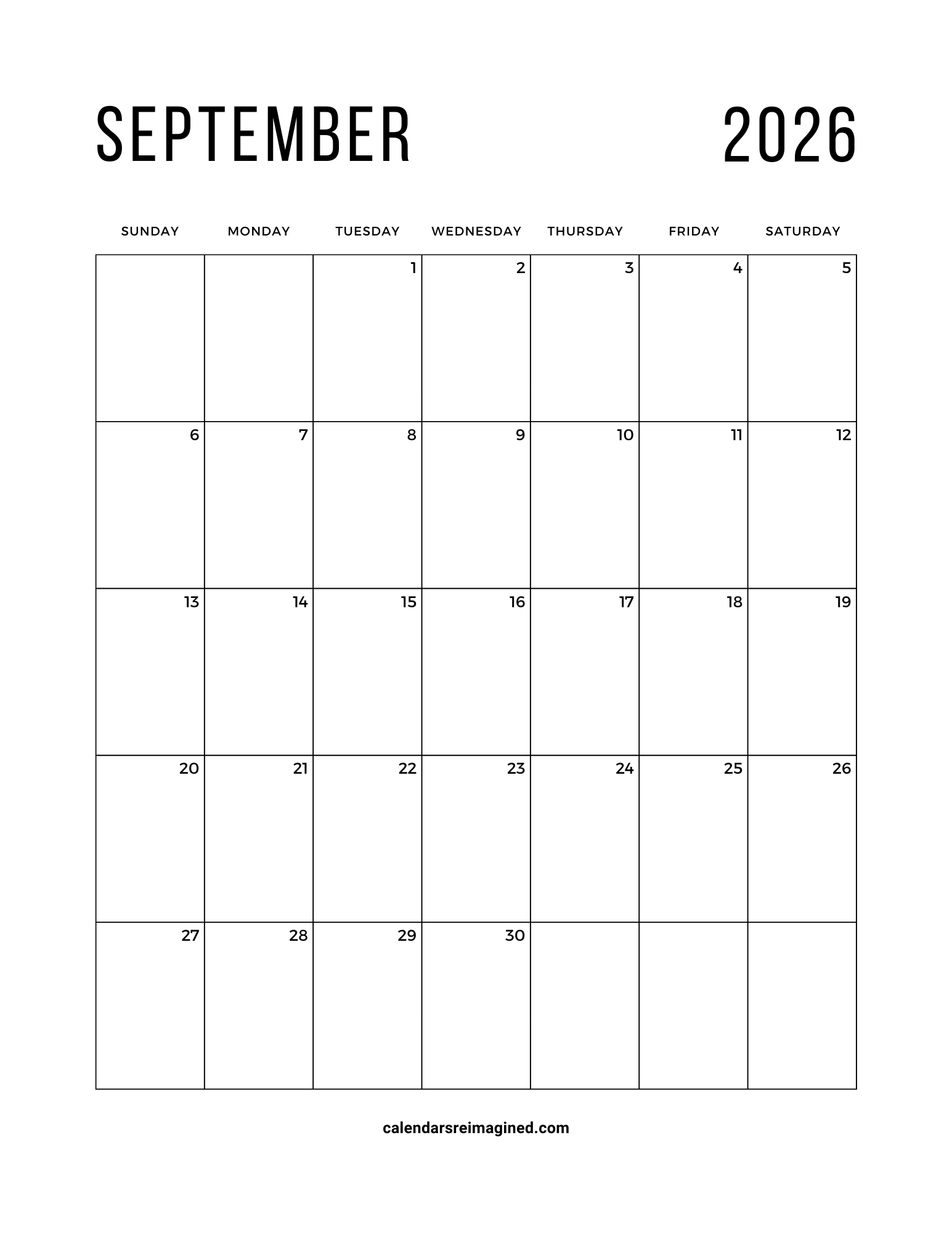 September 2026 calendar Sunday start