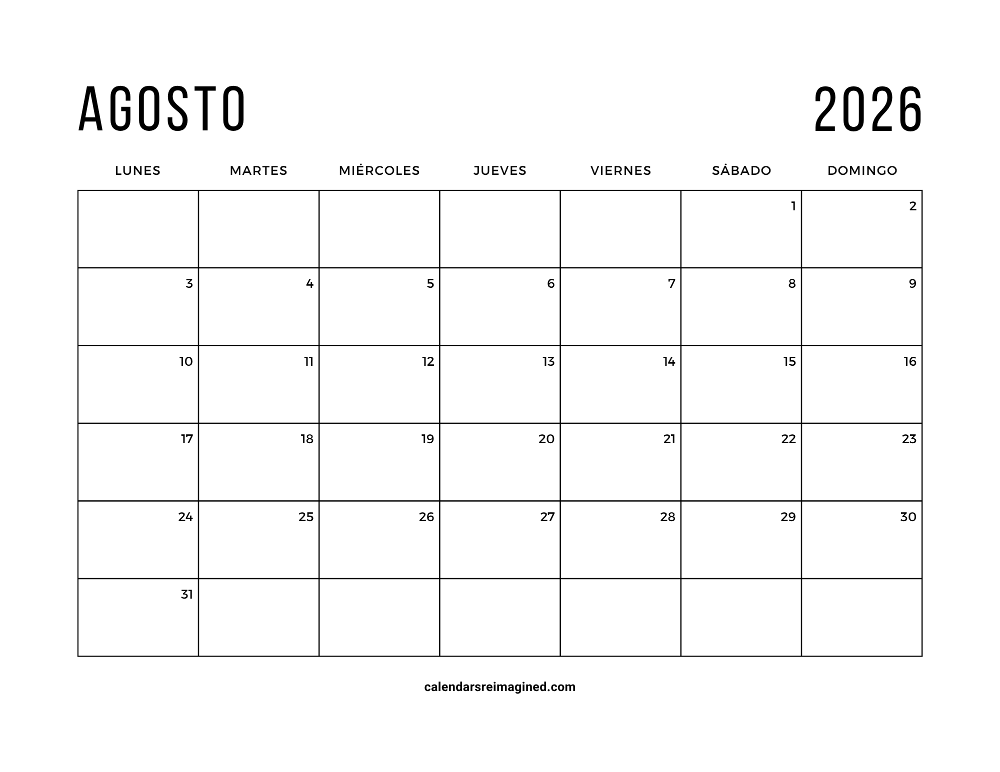 agosto 2026 calendar