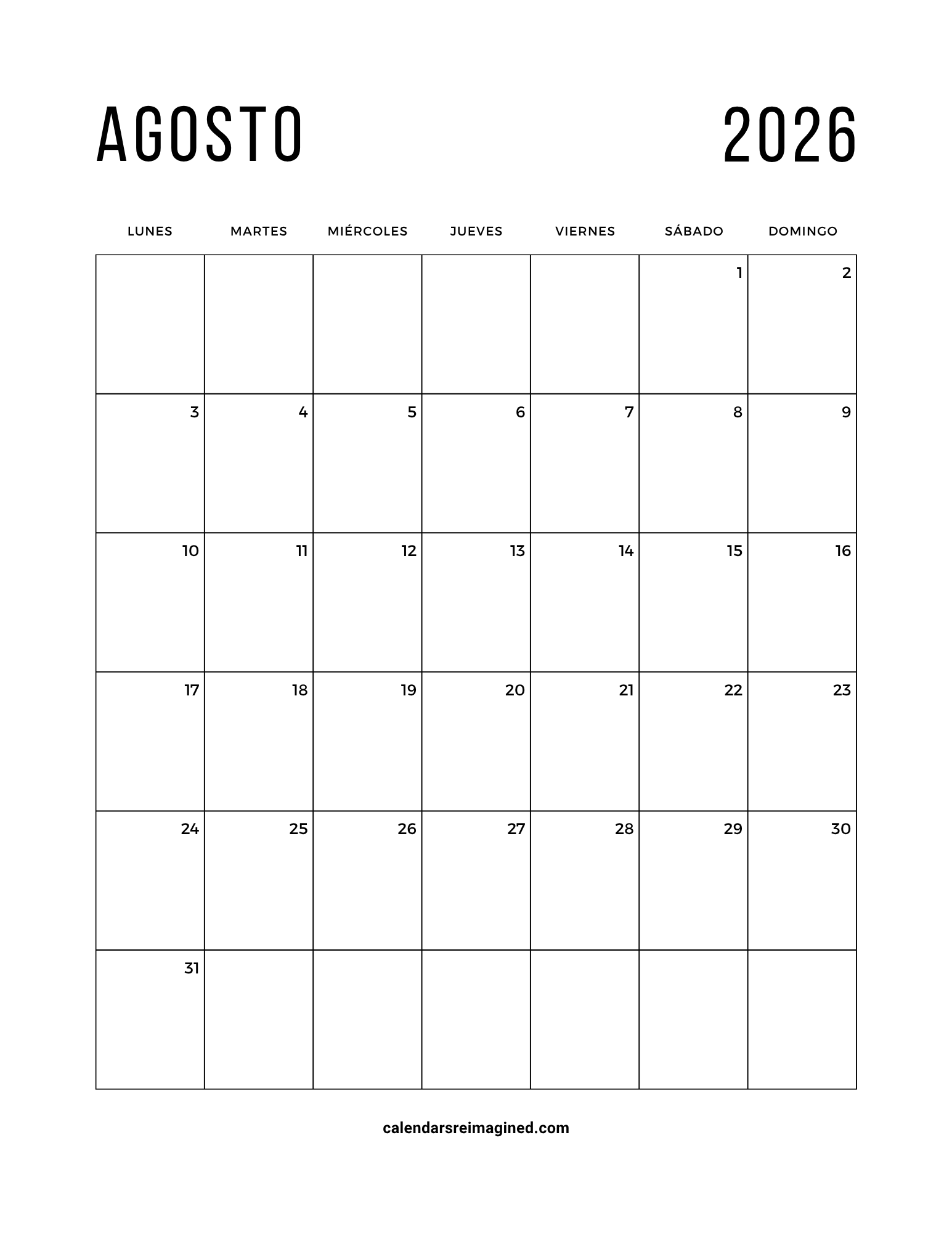 agosto 2026 calendar