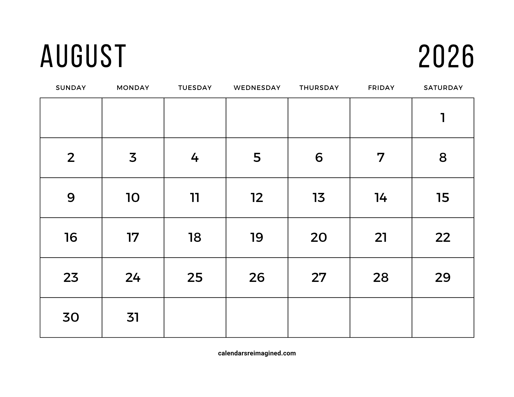 August 2026 calendar with large print
