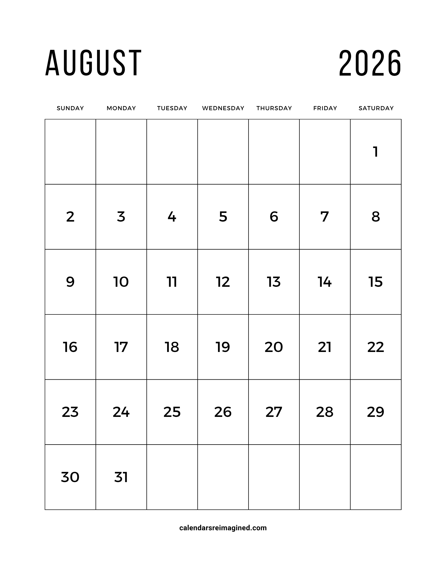 August 2026 calendar with large print