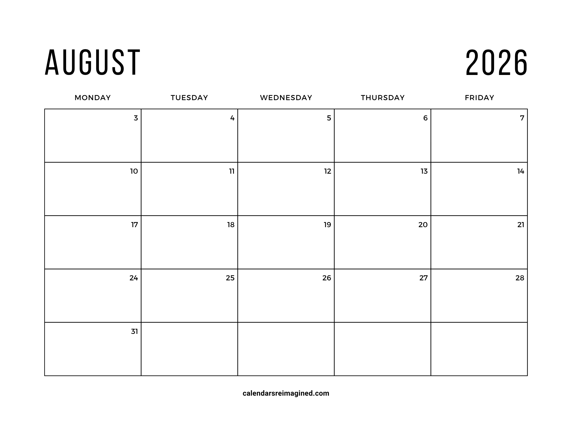 August 2026 workweek or 5-day calendar