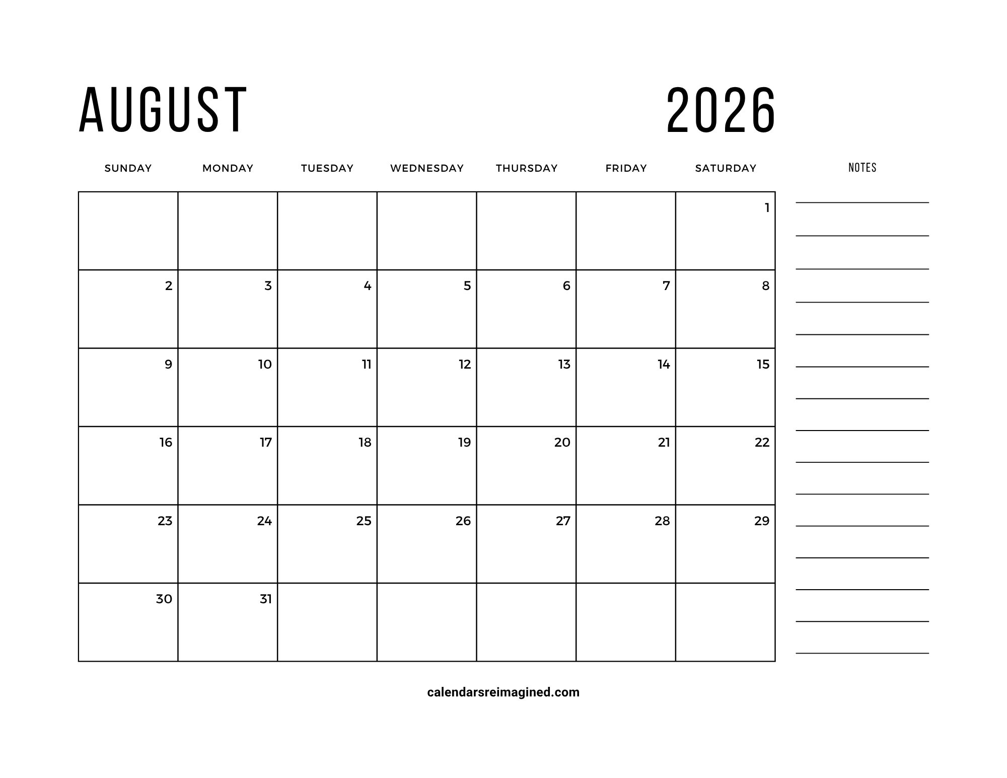 August 2026 calendar with notes