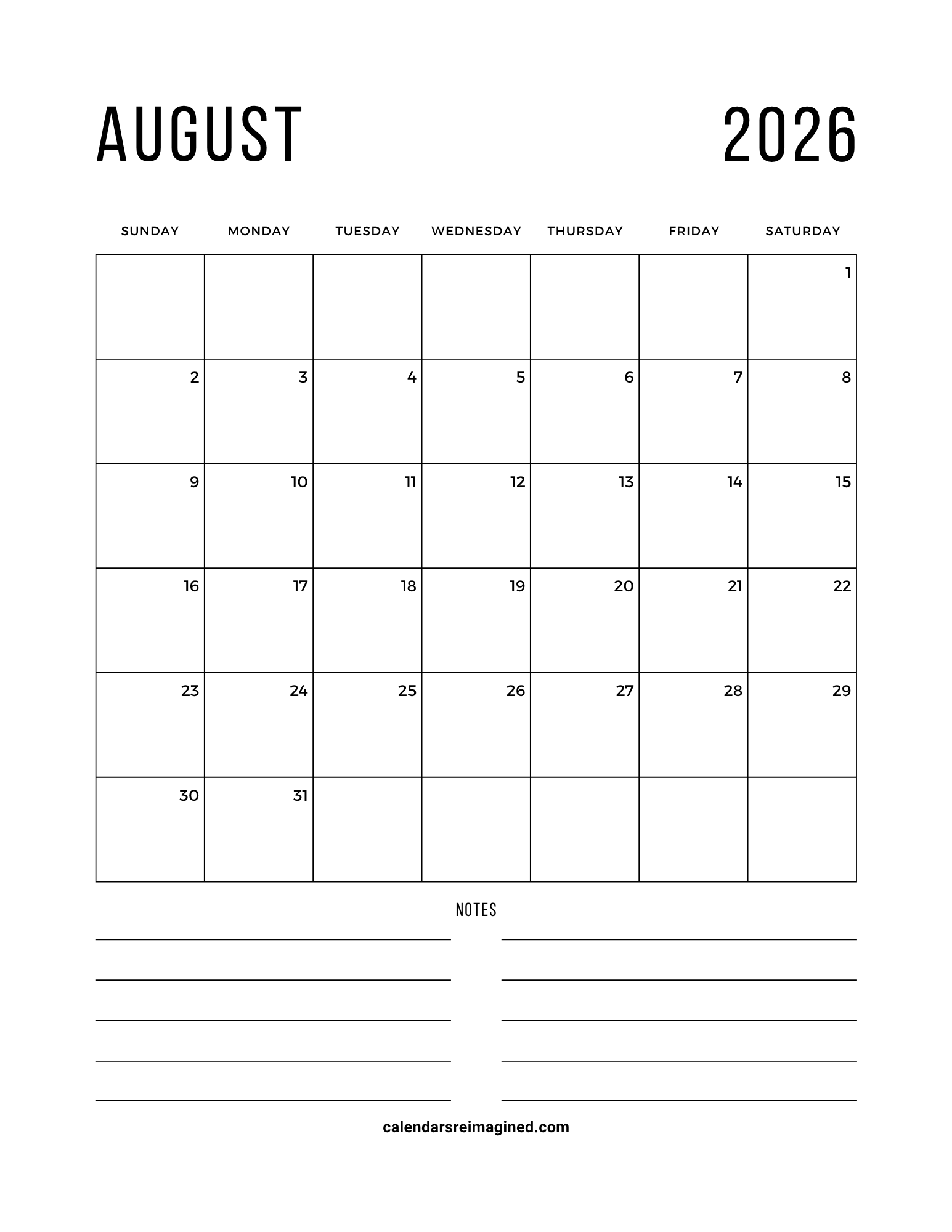 August 2026 calendar with notes