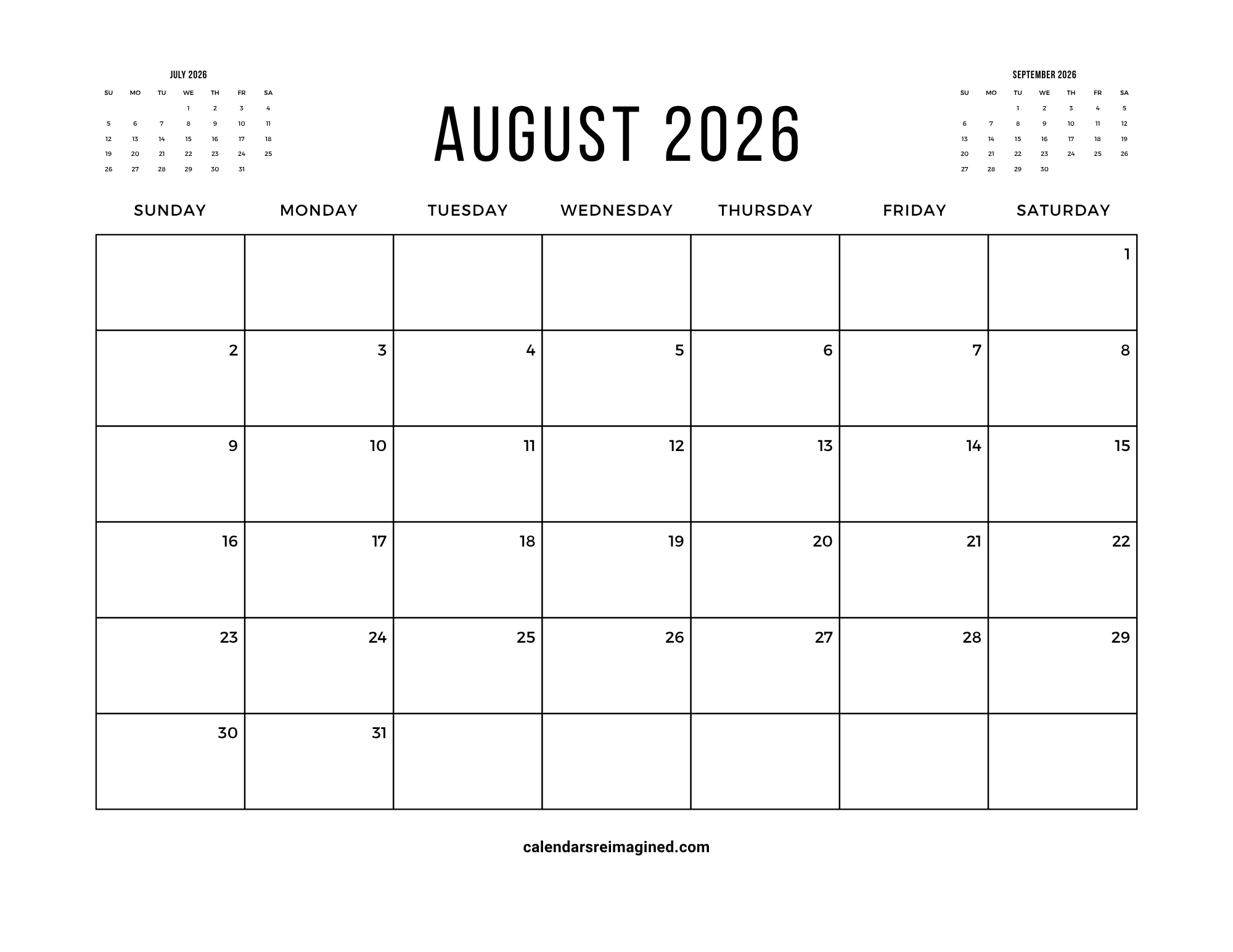 August 2026 calendar with next and previous months