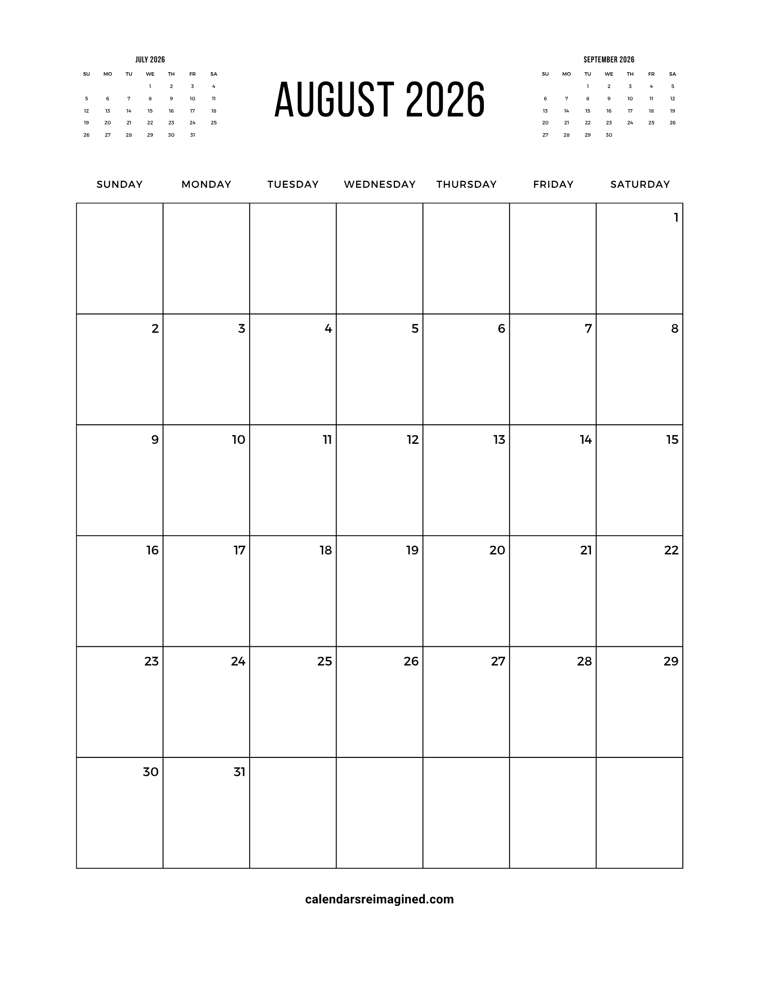 August 2026 calendar with next and previous months
