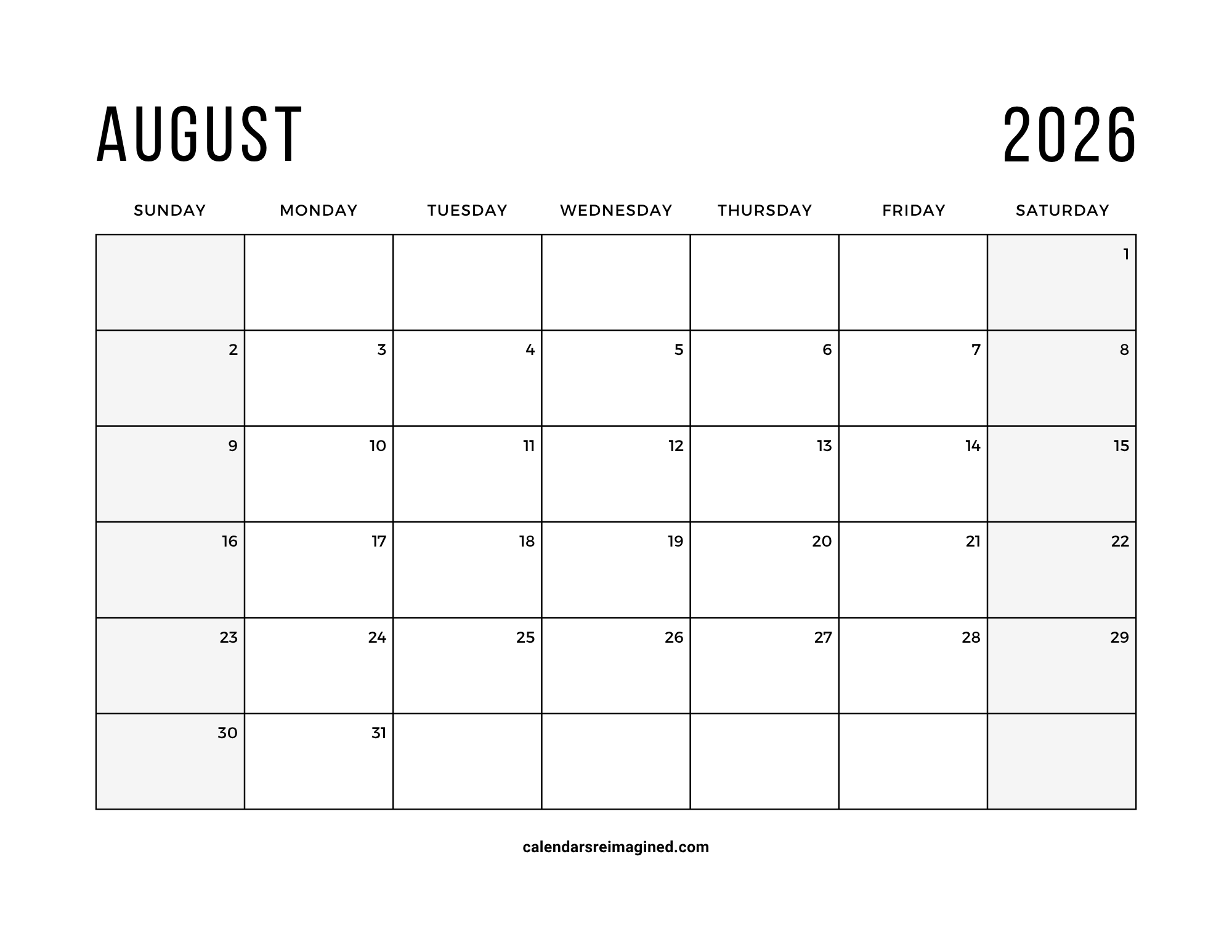 August 2026 calendar with shaded weekends