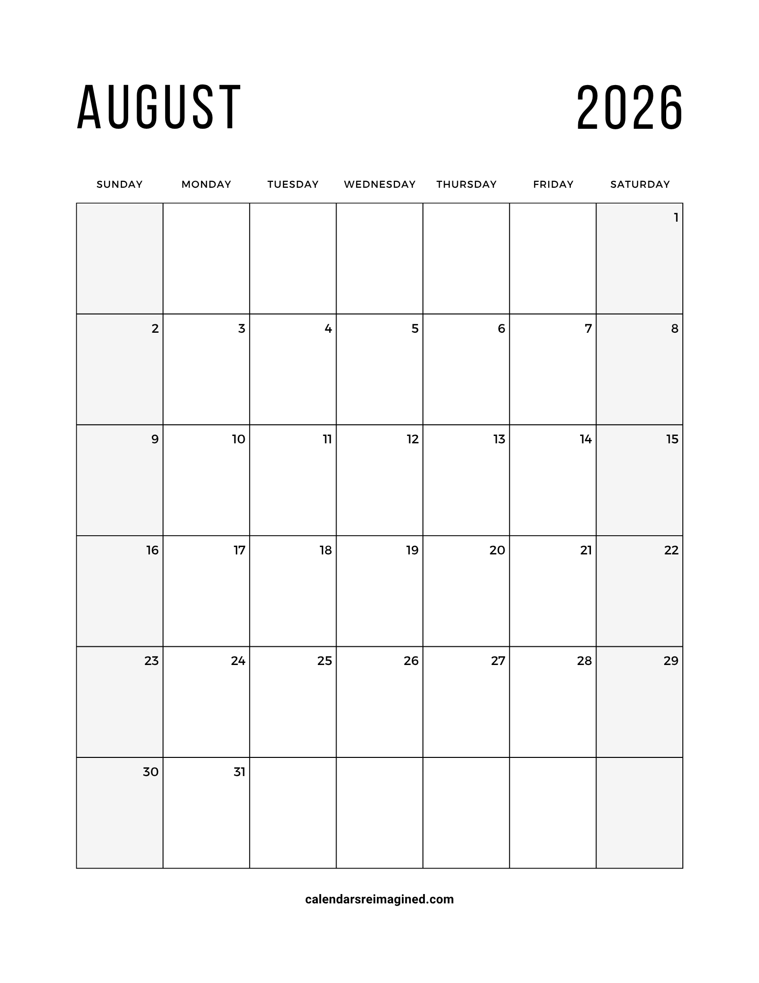 August 2026 calendar with shaded weekends