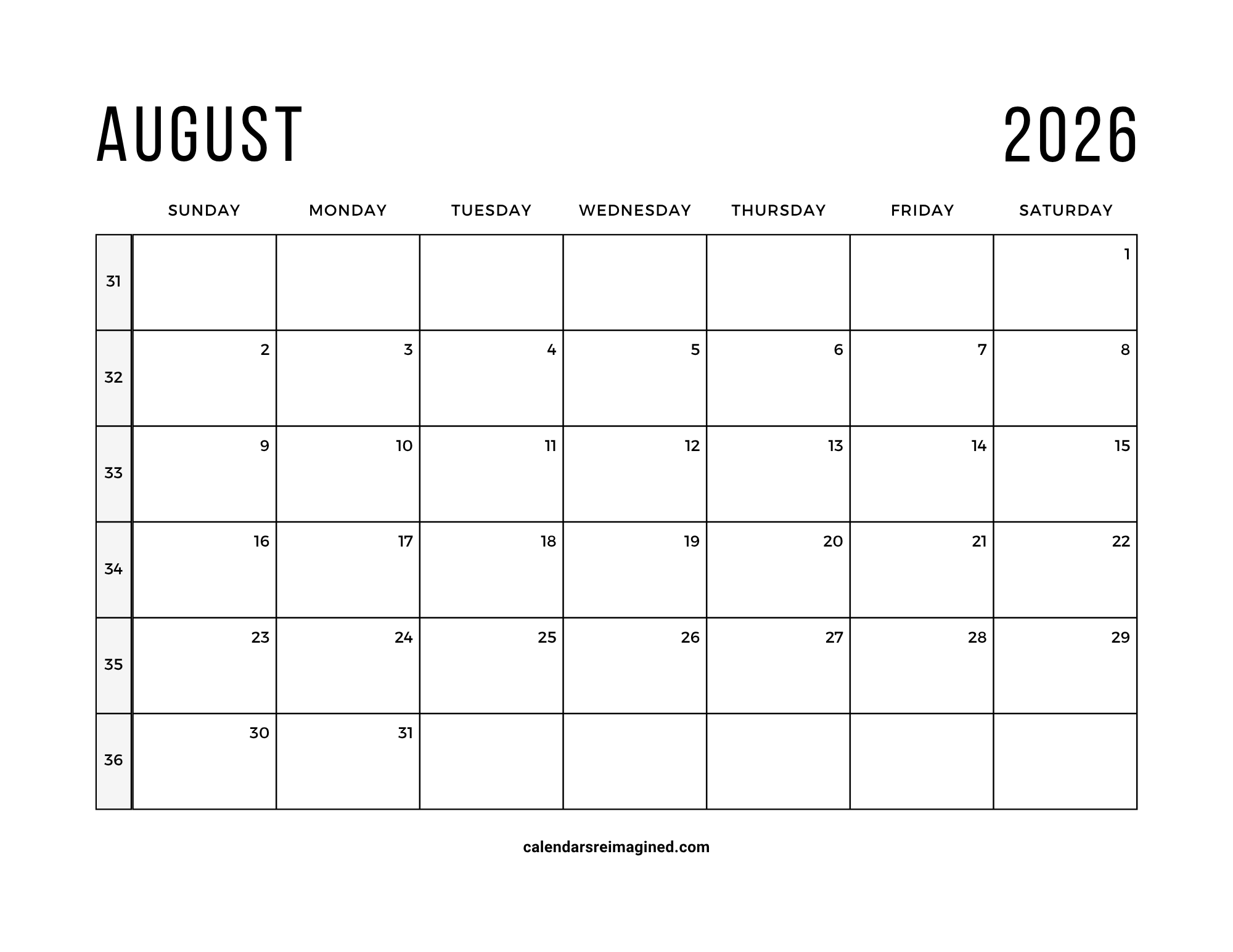August 2026 calendar with week numbers
