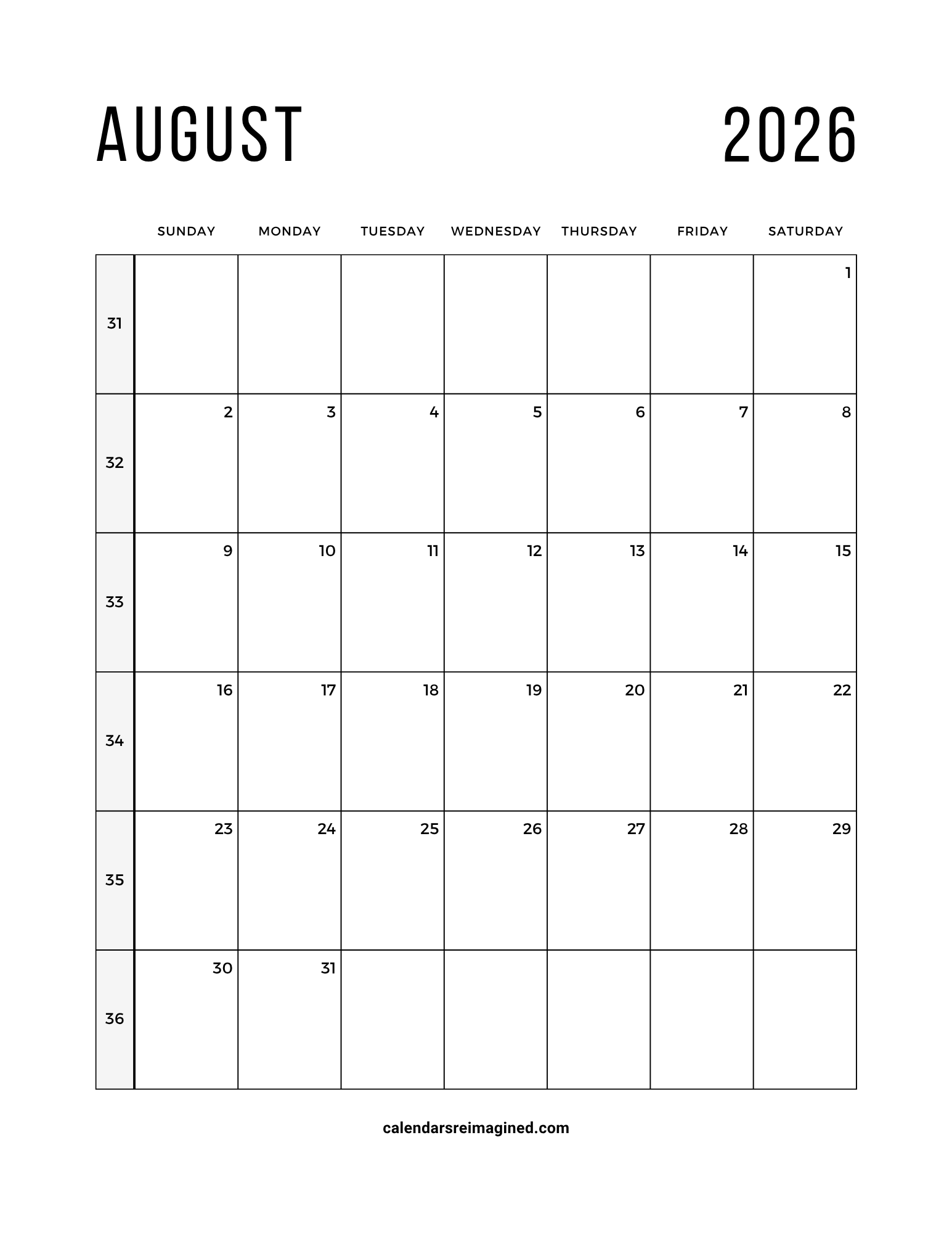August 2026 calendar with week numbers