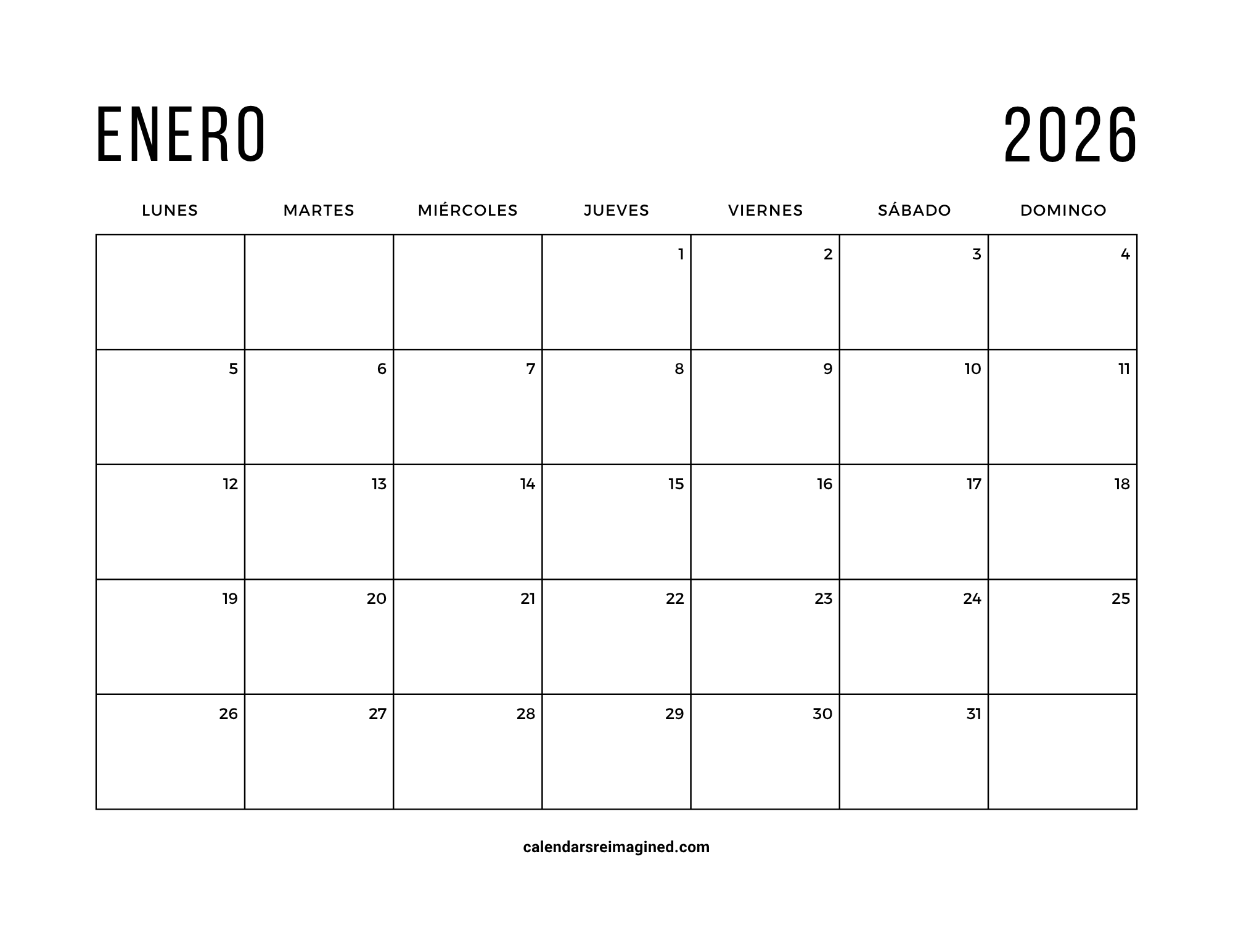 enero 2026 Calendar