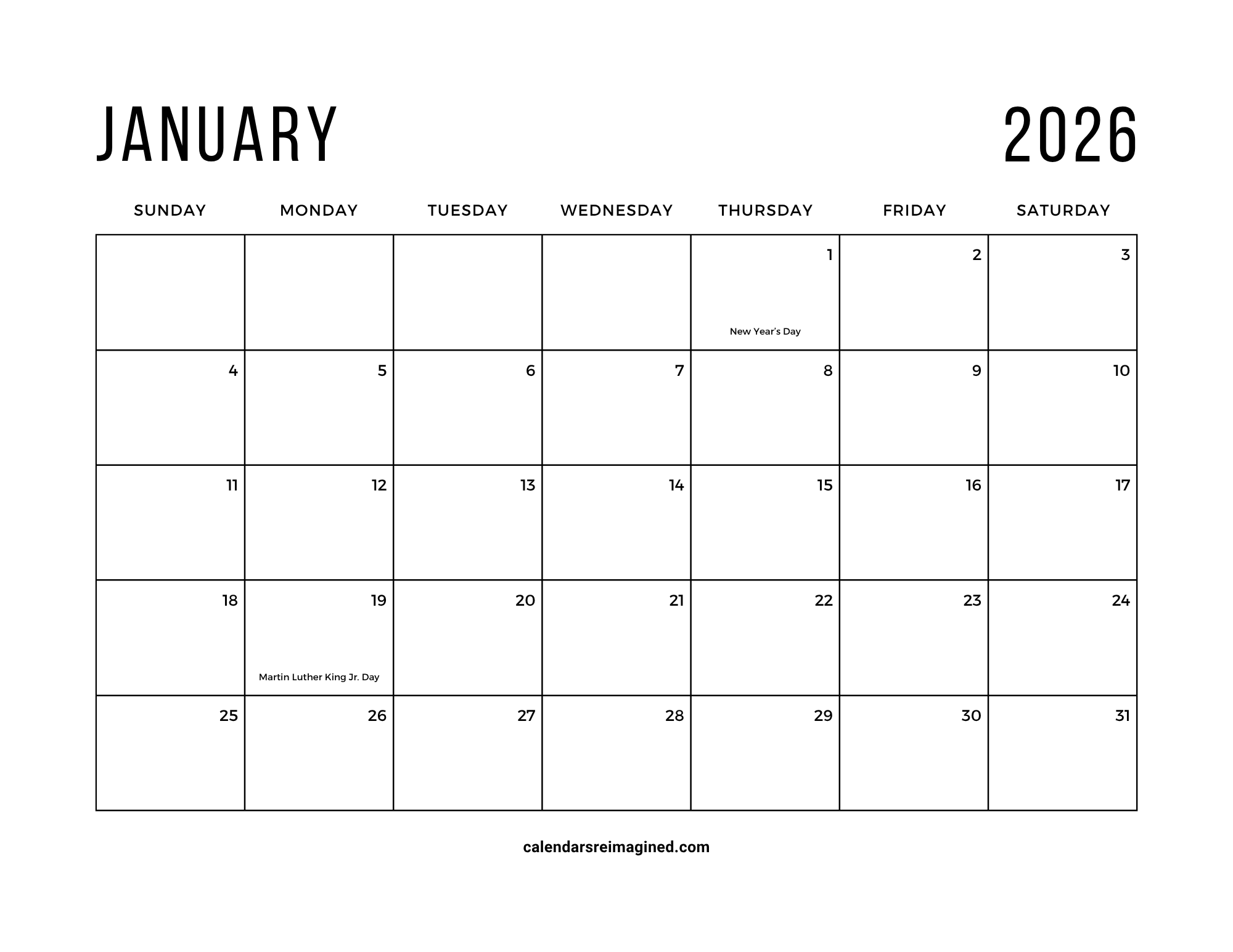 January 2026 Calendar