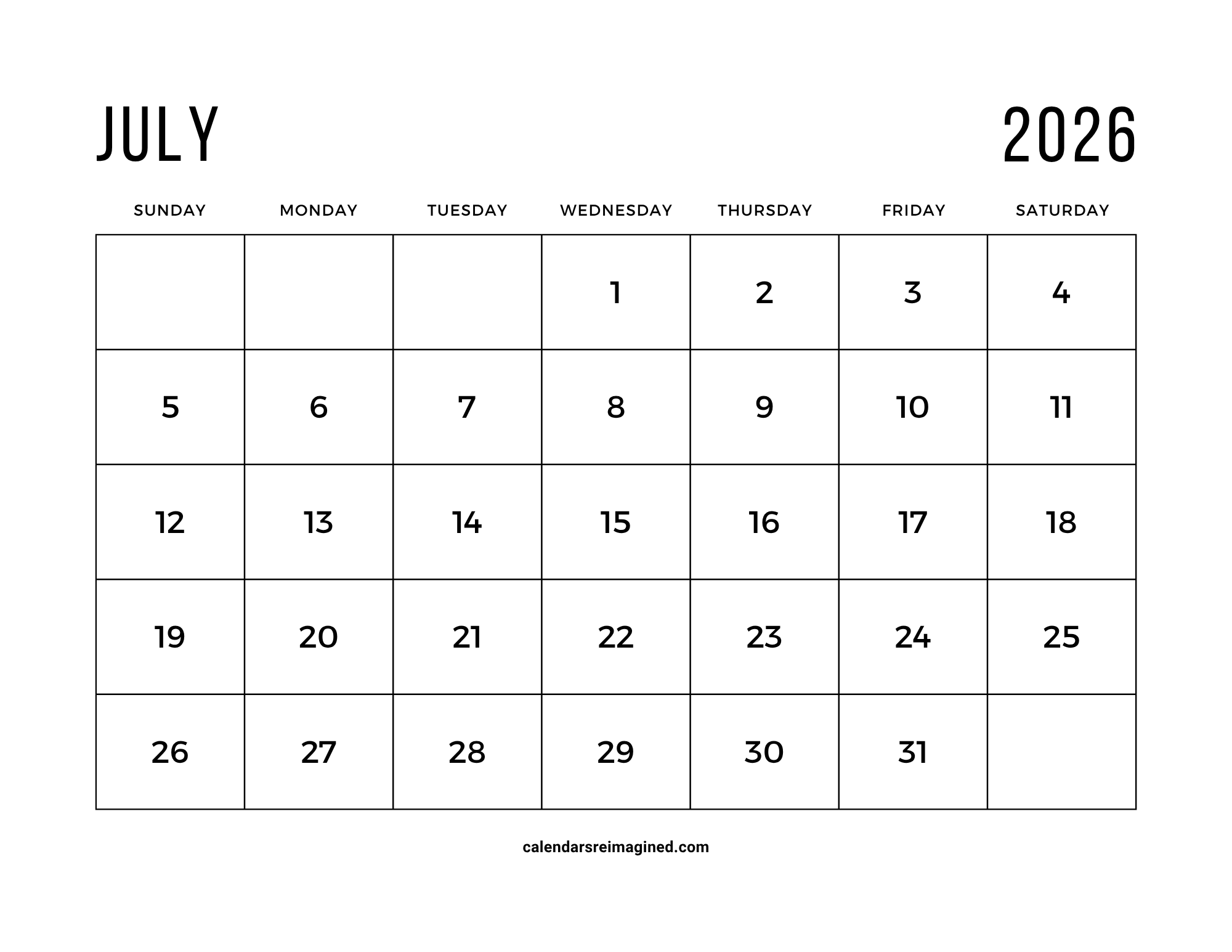 July 2026 calendar with large print