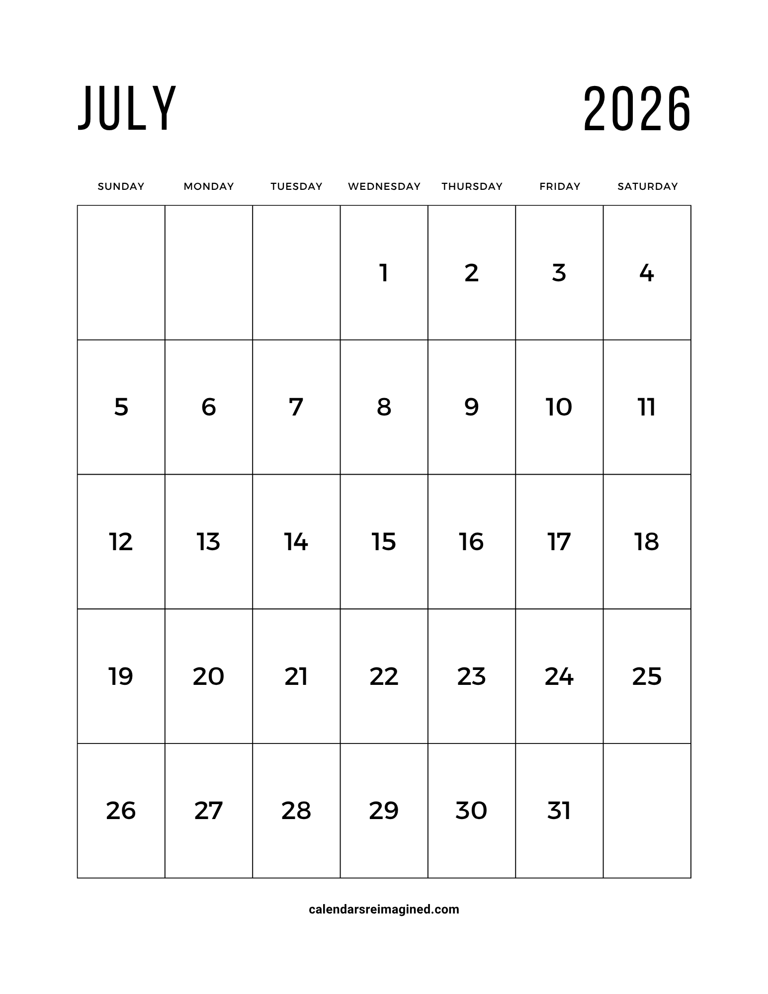 July 2026 calendar with large print