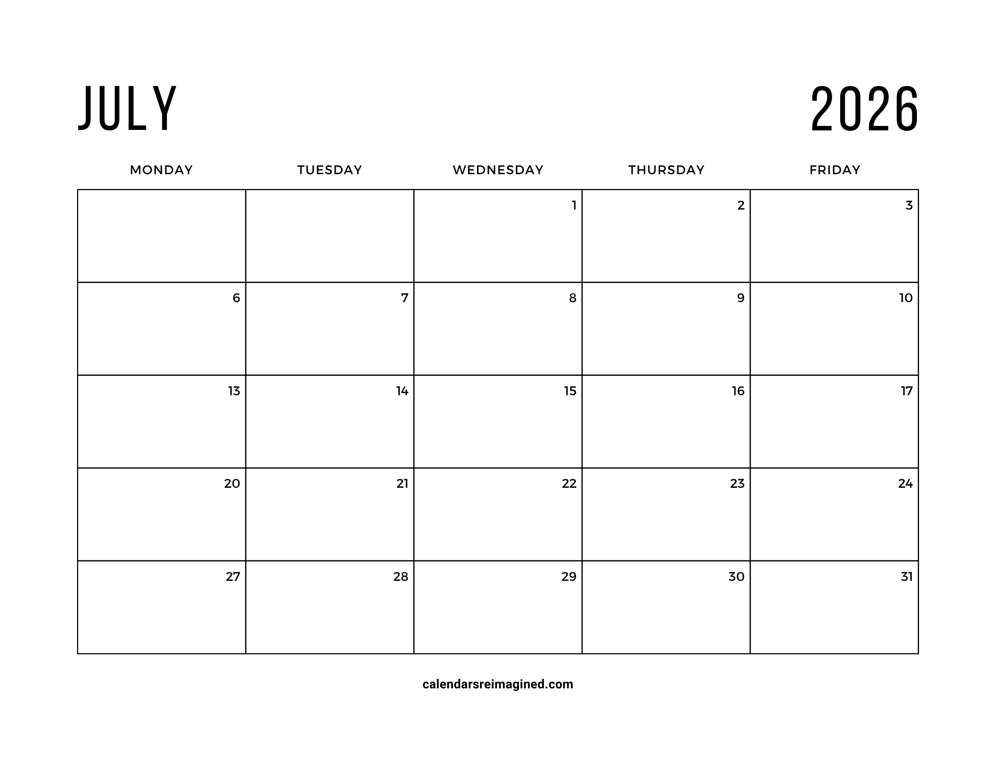 July 2026 workweek or 5-day calendar