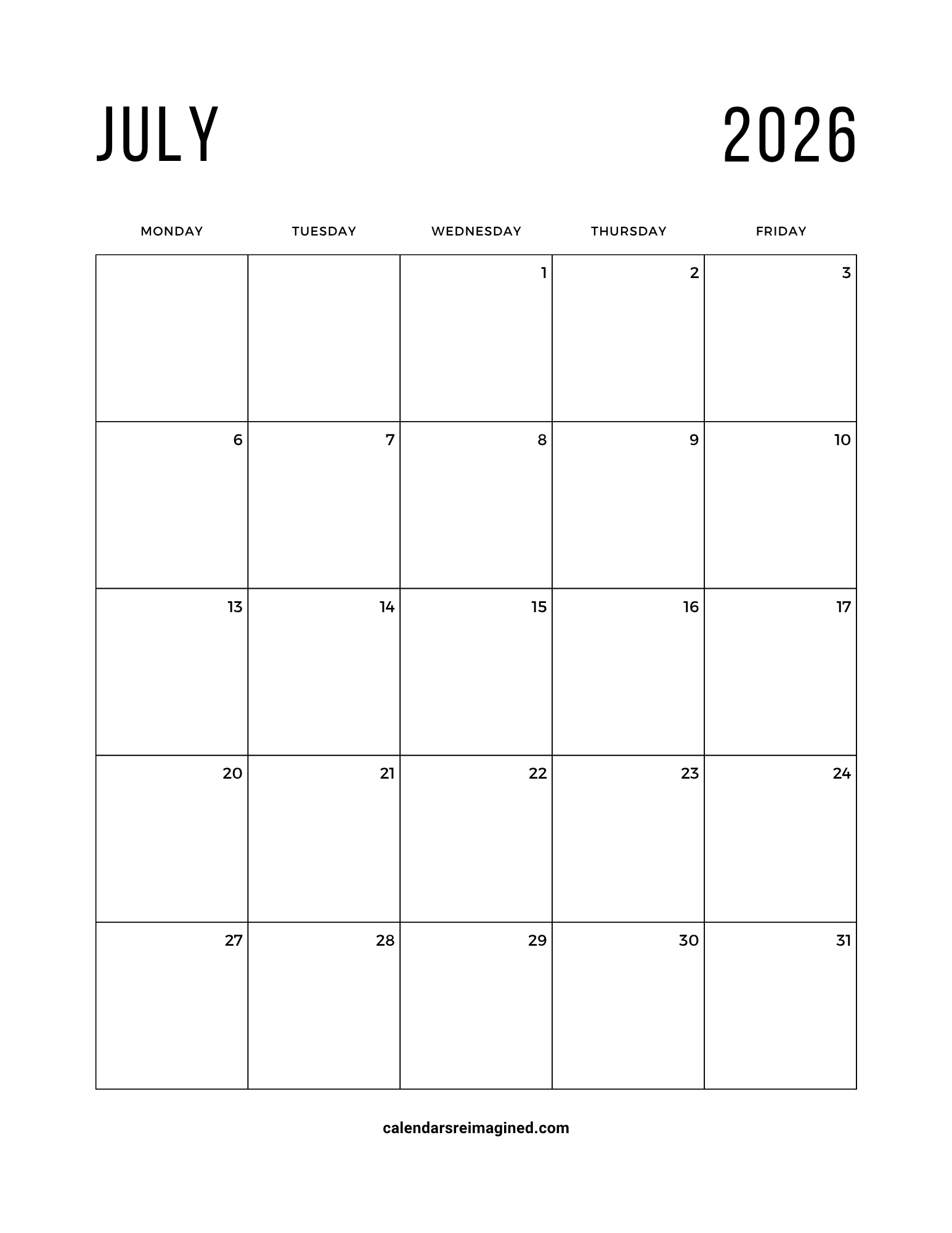 July 2026 workweek or 5-day calendar