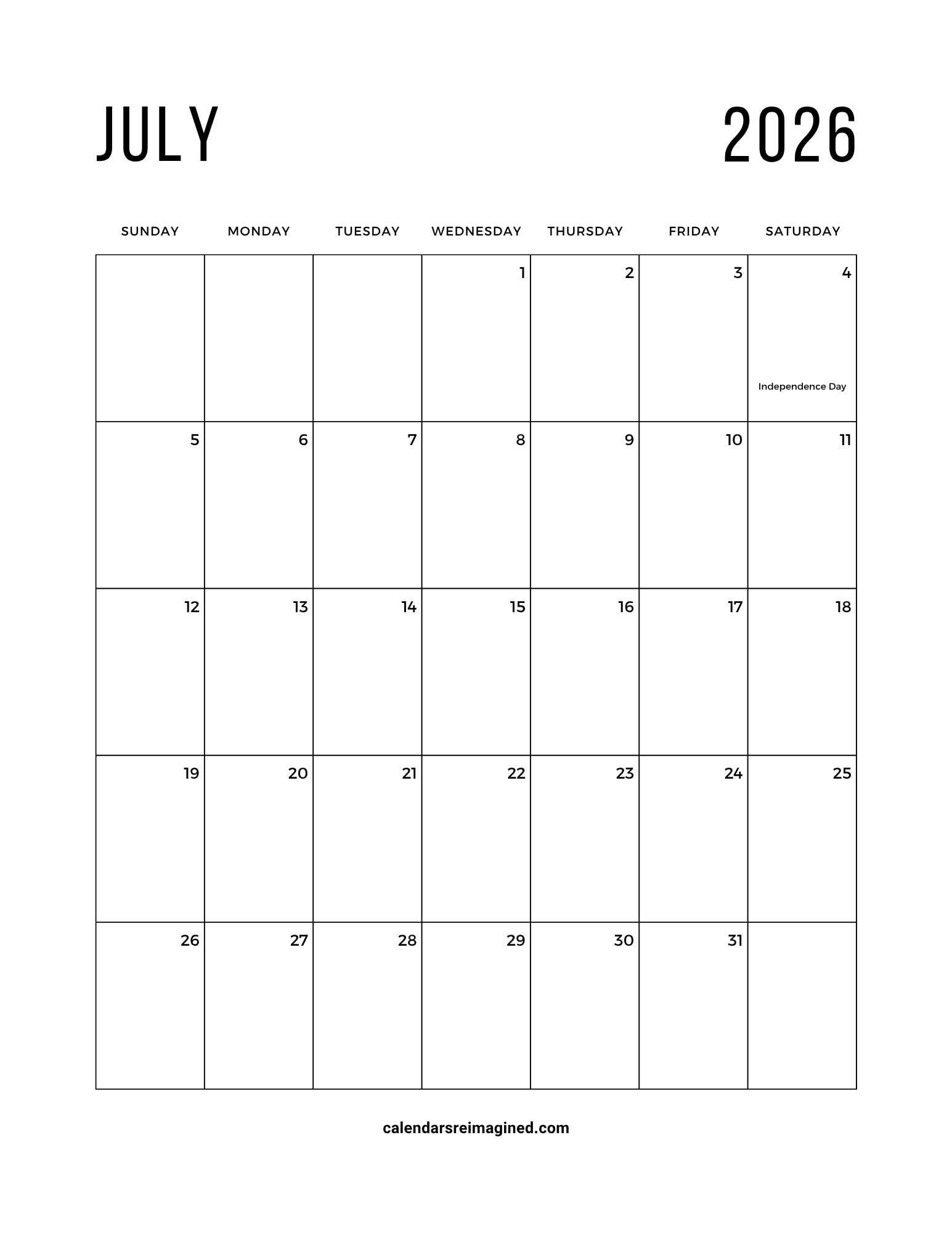 July 2026 calendar with holidays