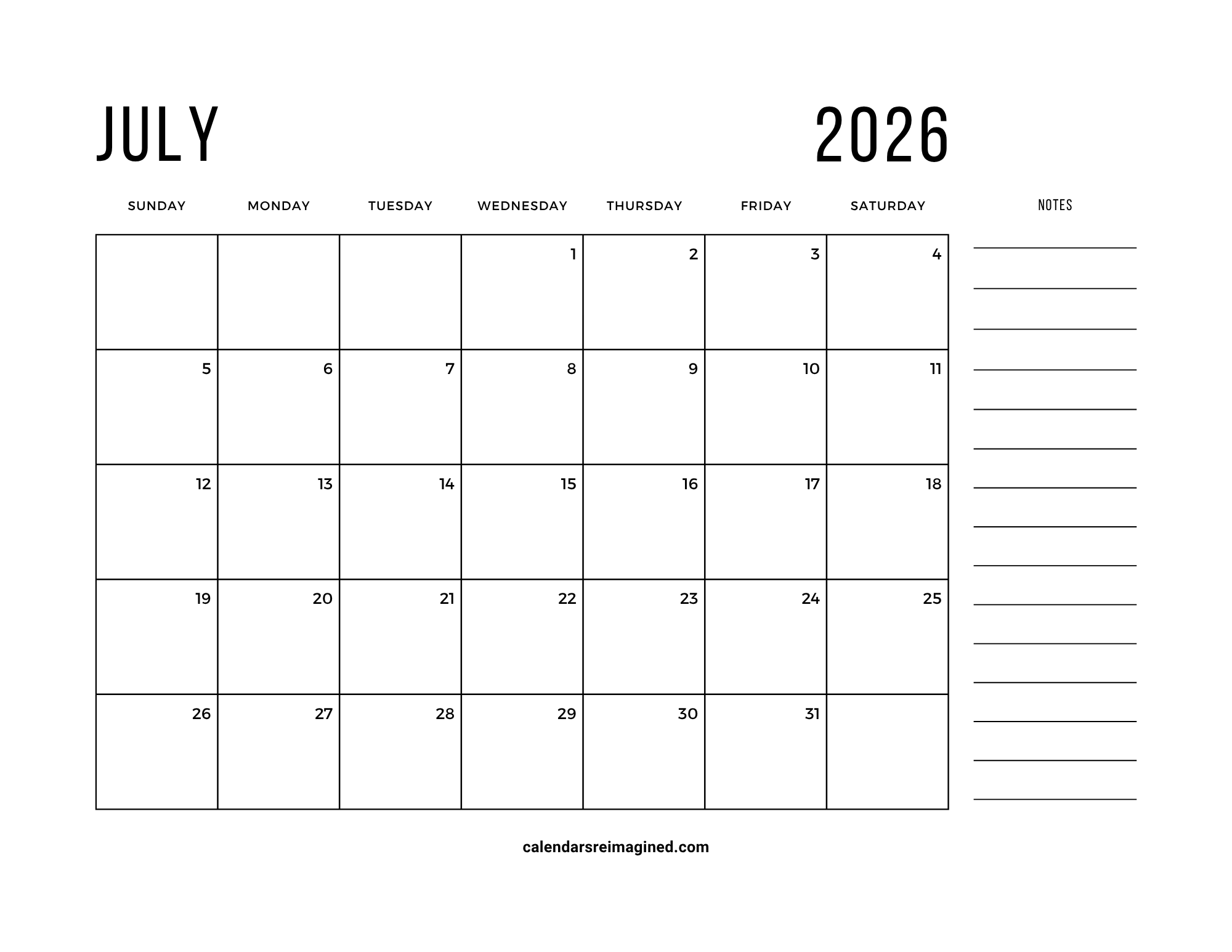 July 2026 calendar with notes
